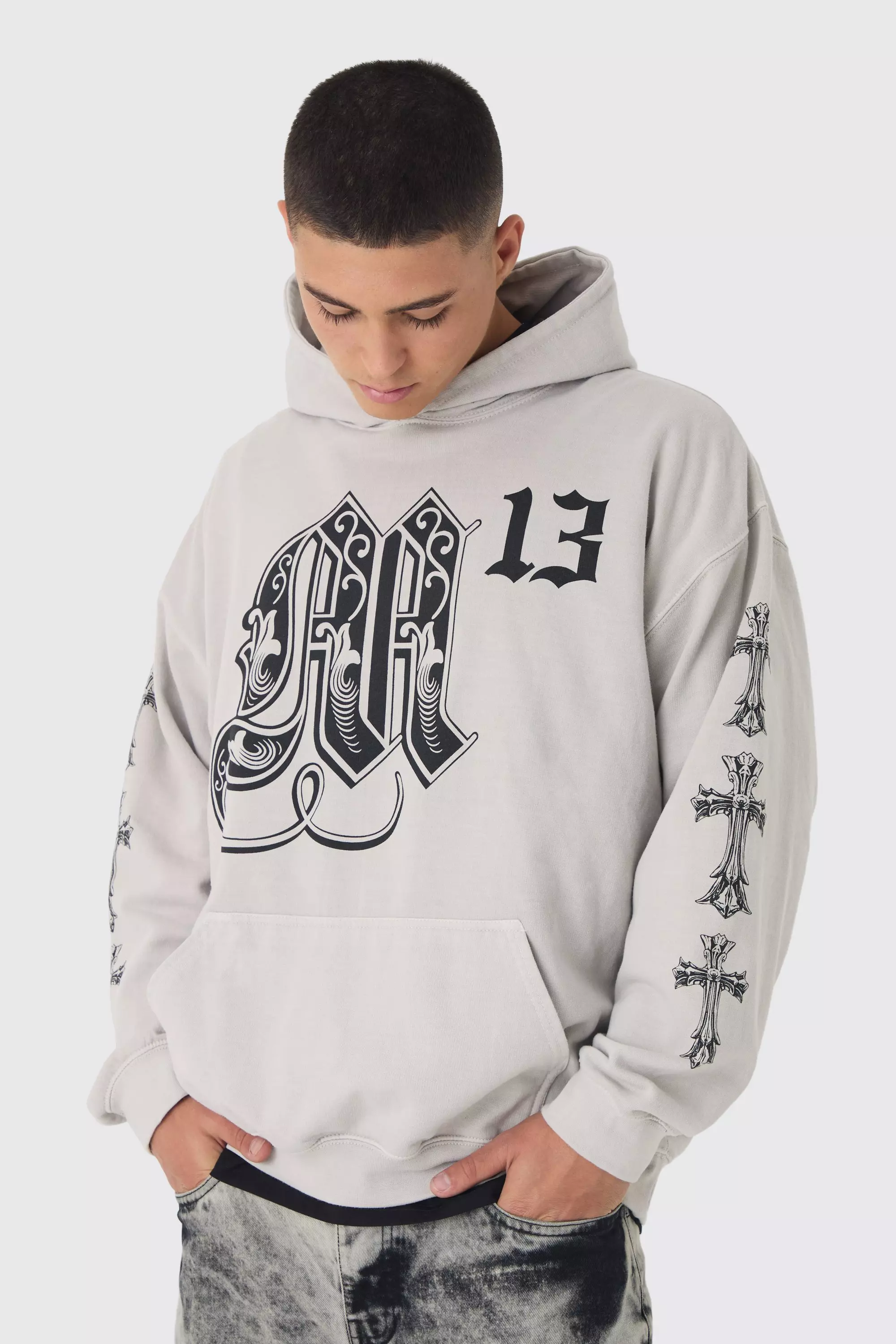 Boohooman hoodie with man print in white online