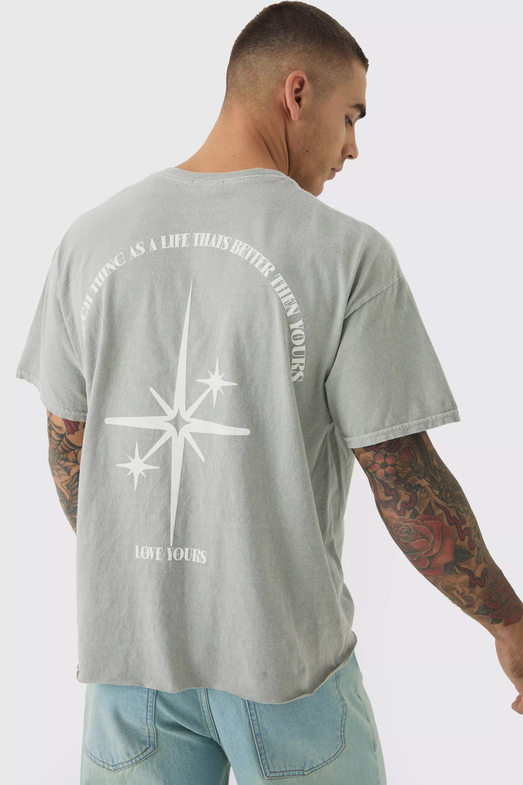 Stone Beige Oversized Boxy Washed Star Puff Print T-Shirt