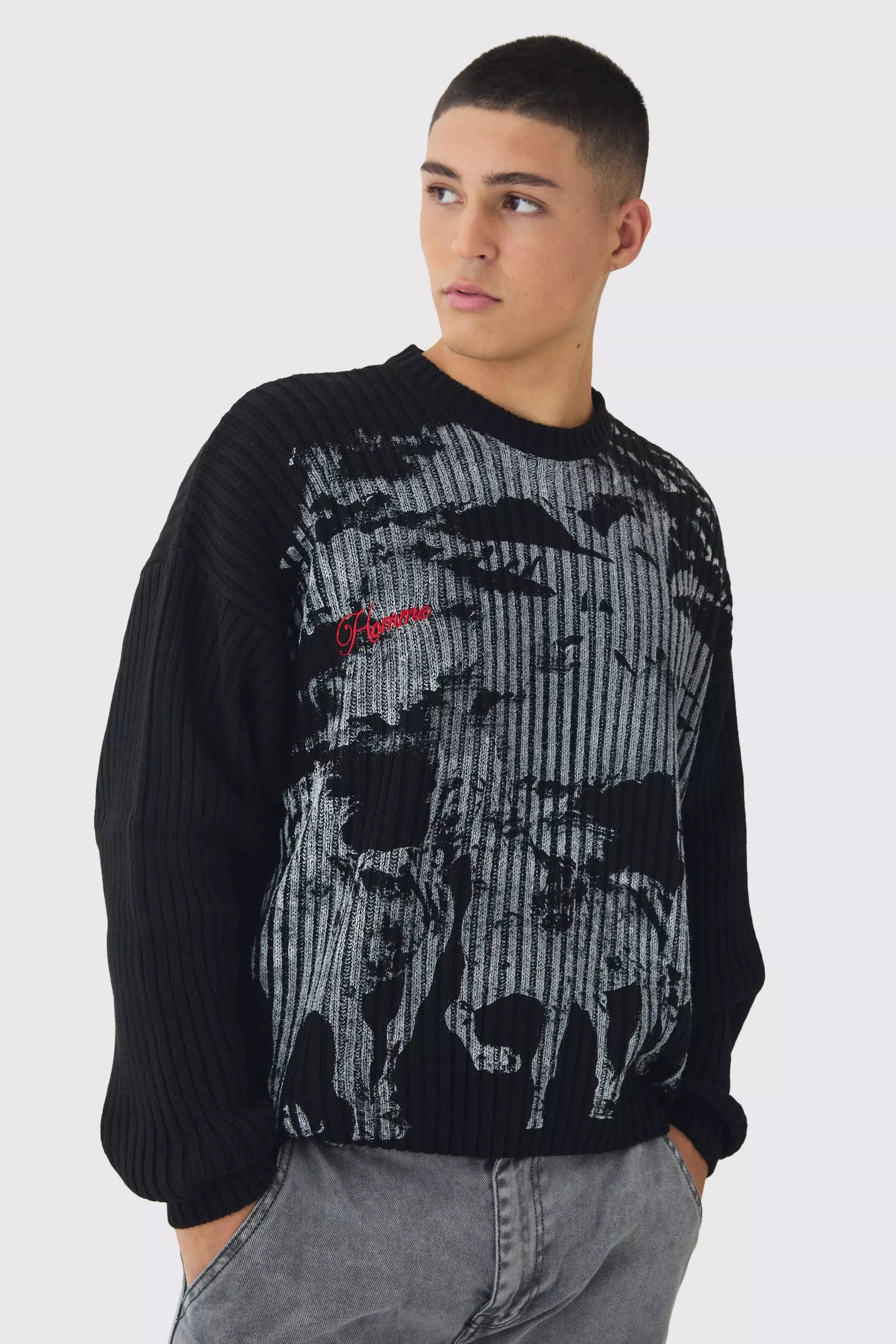 Relaxed Dropped Shoulder Graphic Print Knitted Sweater Black