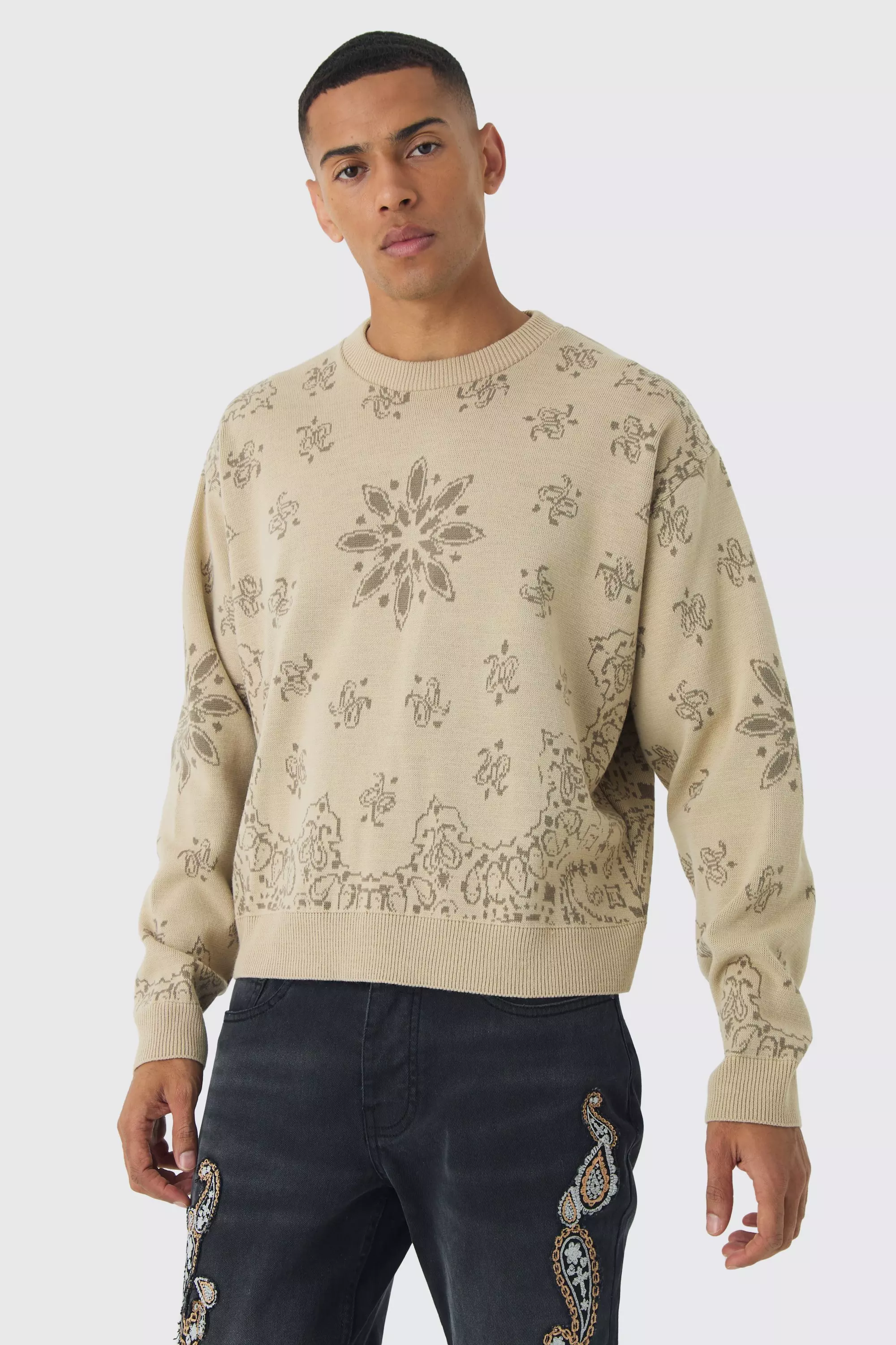 Ecru Oversized Boxy Bandana Print Knitted Jumper alternative image