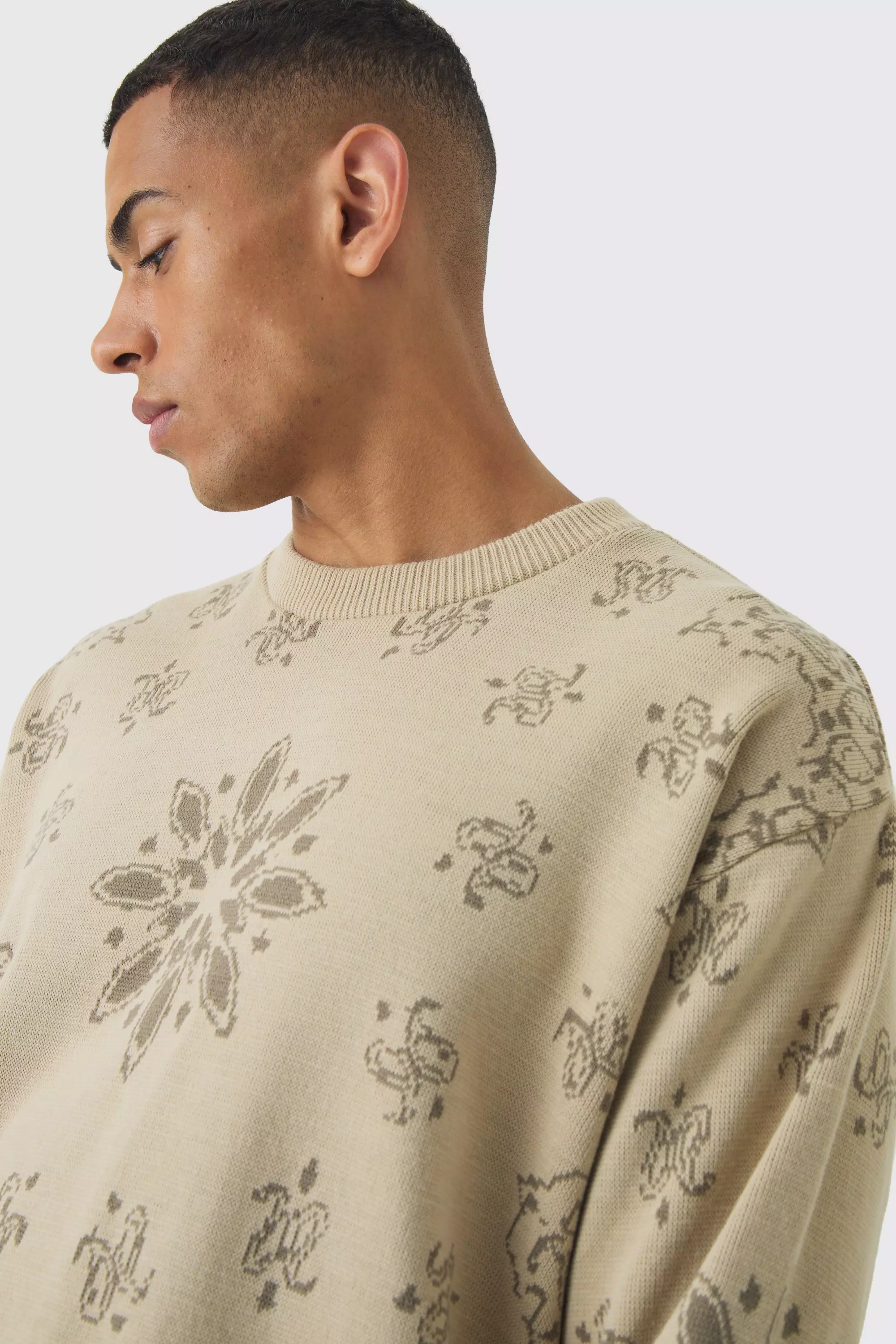 Ecru Oversized Boxy Bandana Print Knitted Jumper alternative image
