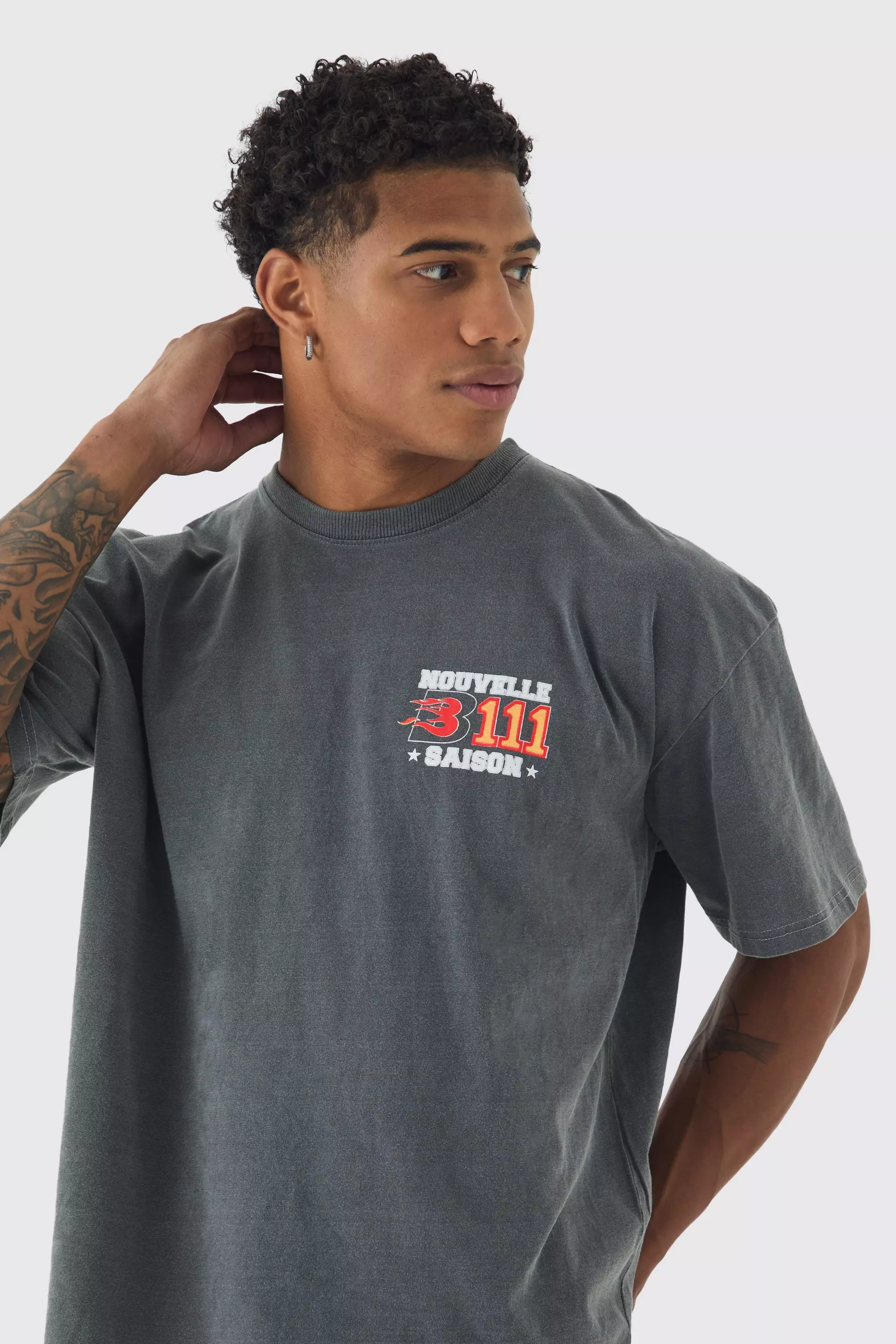 Charcoal Oversized Extended Neck Washed Varsity Print T-Shirt alternative image