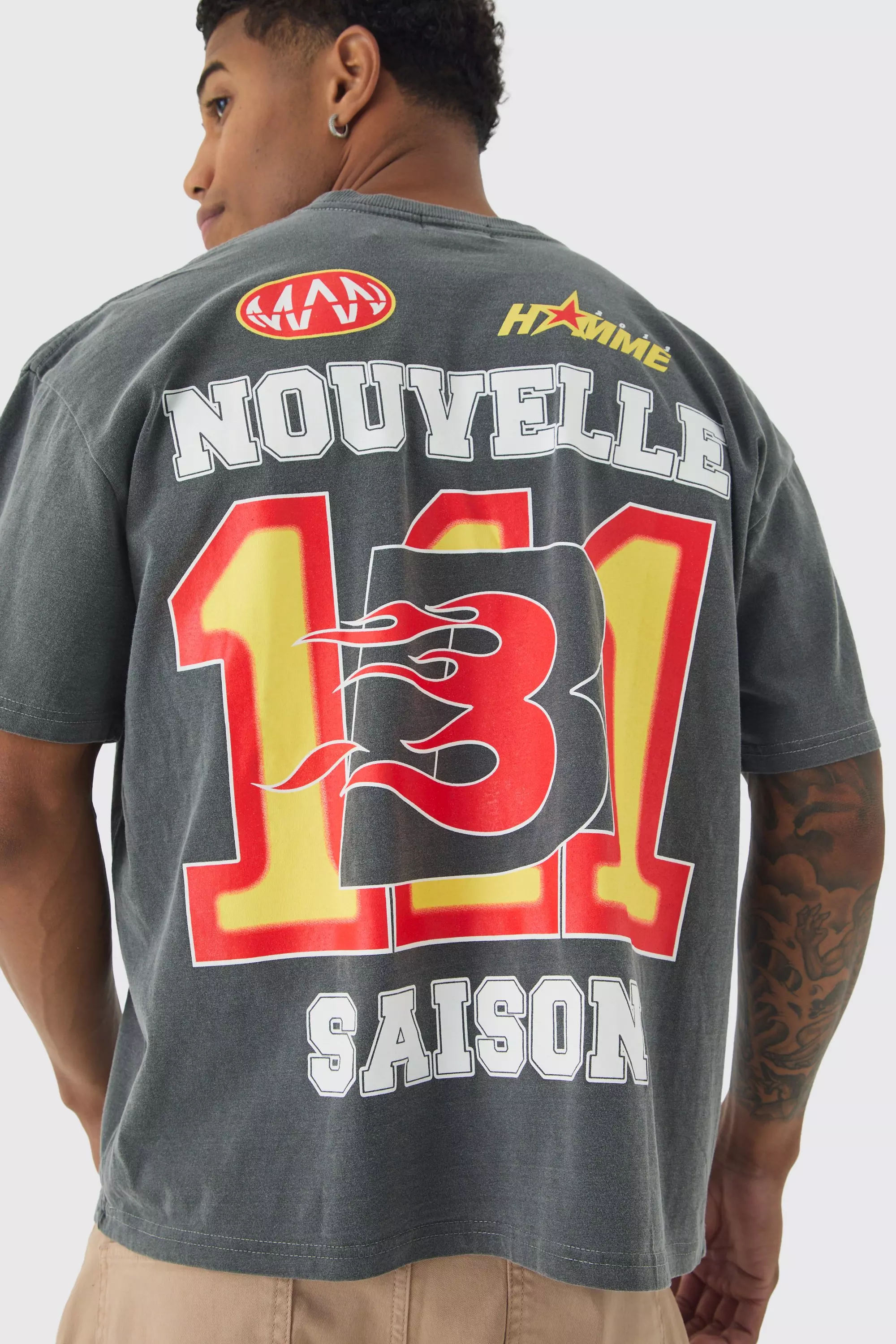 Charcoal Oversized Extended Neck Washed Varsity Print T-Shirt alternative image
