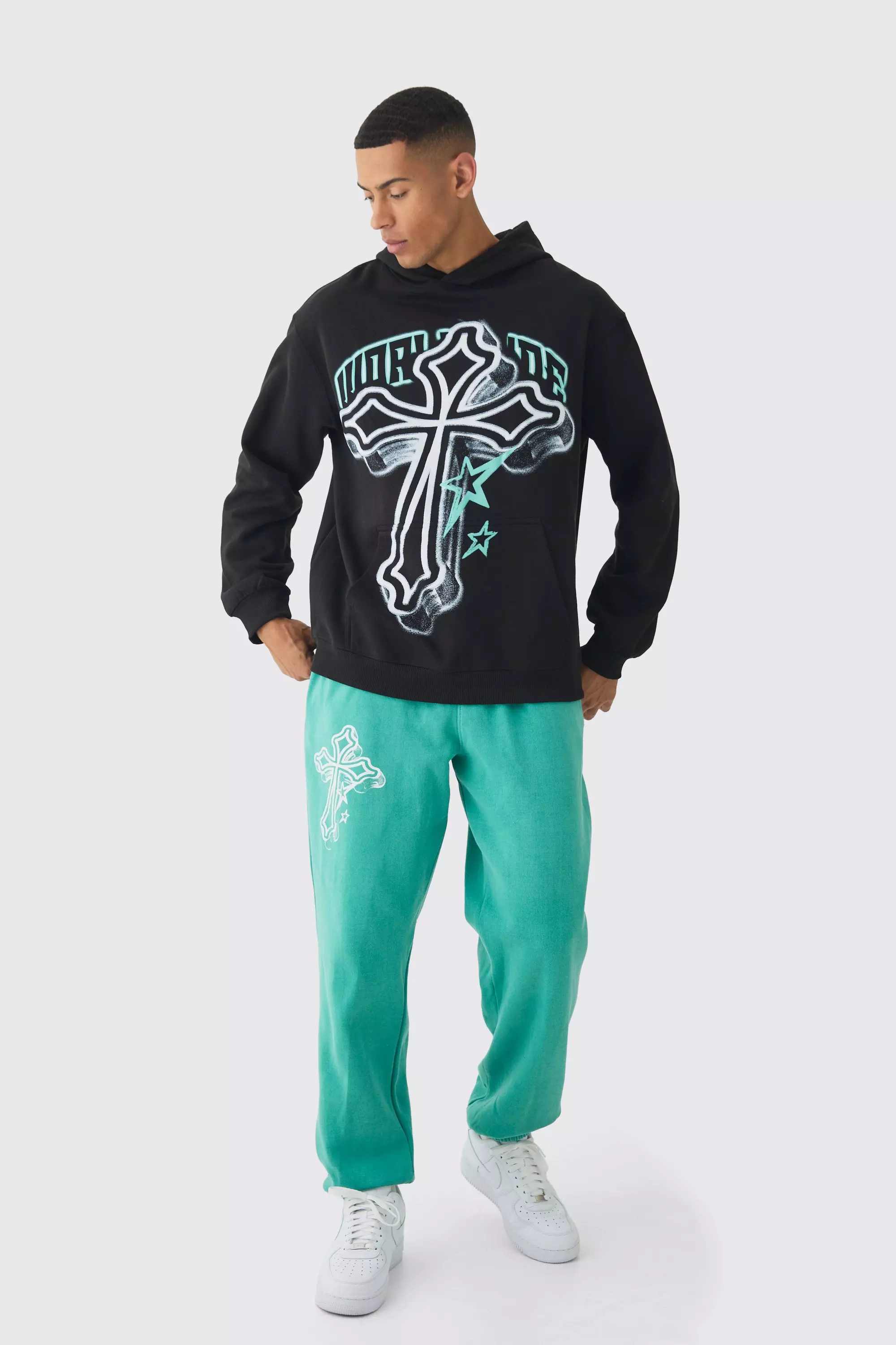 Oversized Washed Cross Print Tracksuit Green