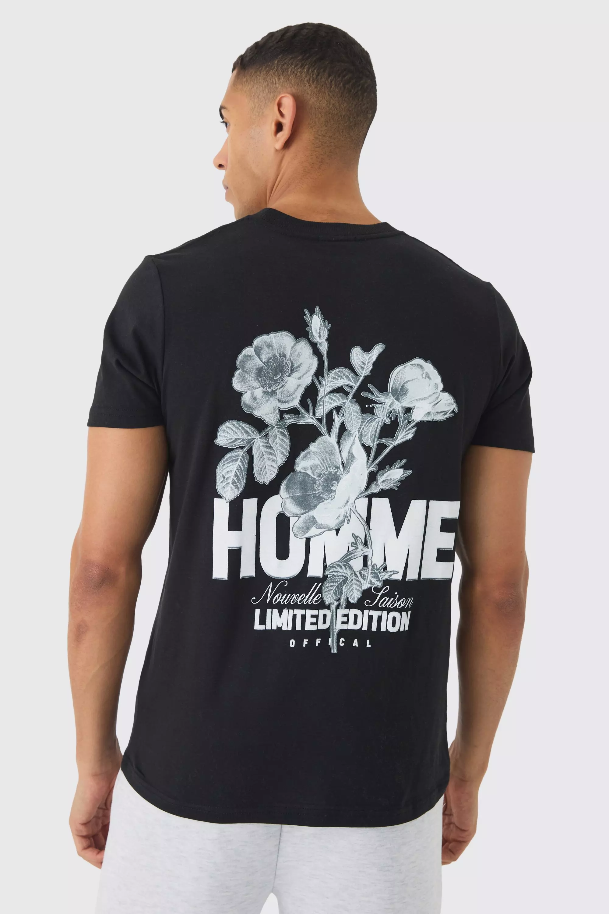 Black Slim Homme Floral Back Print T-Shirt