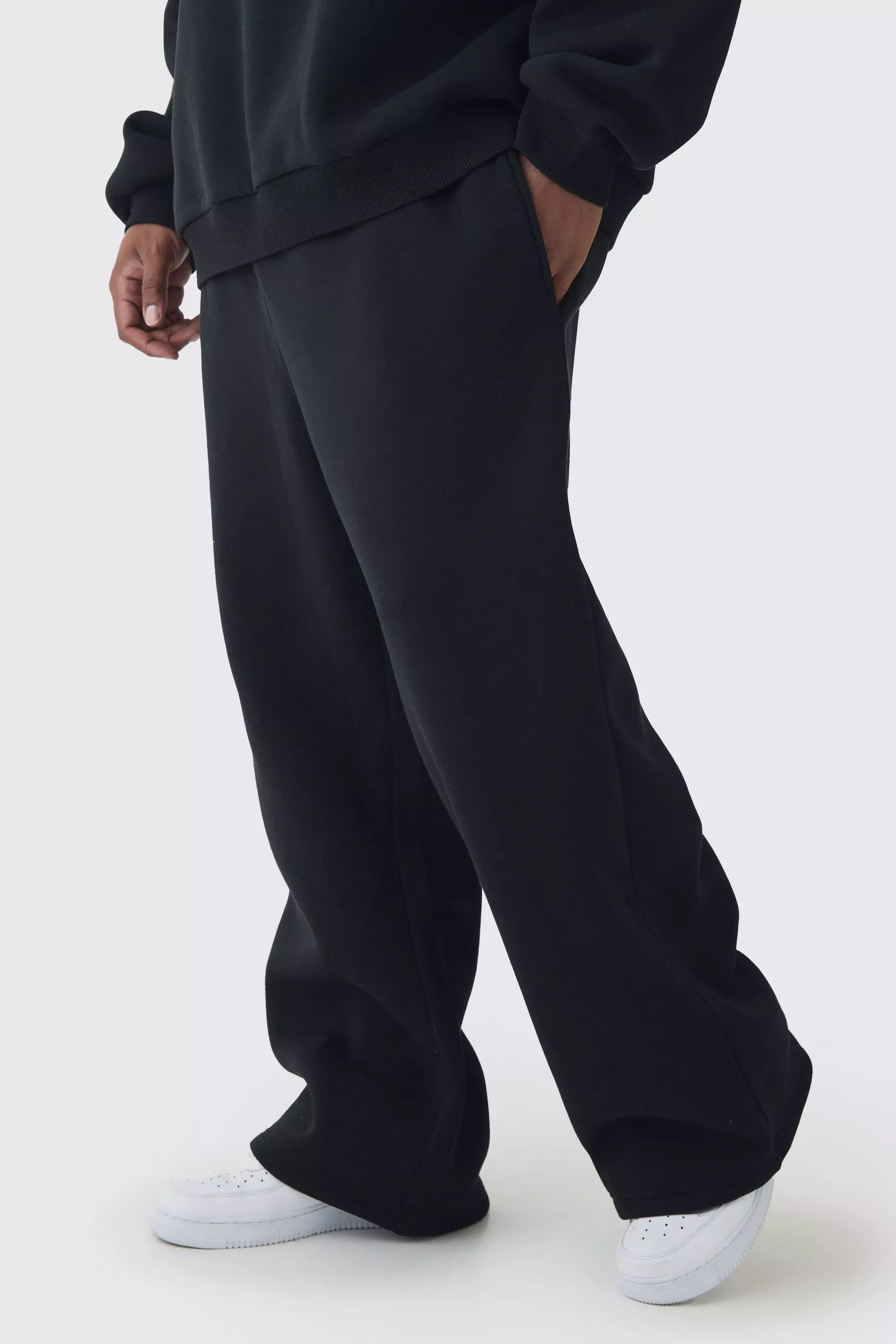 Plus Brushed Back Embroidered Straight Fit Sweatpants Black