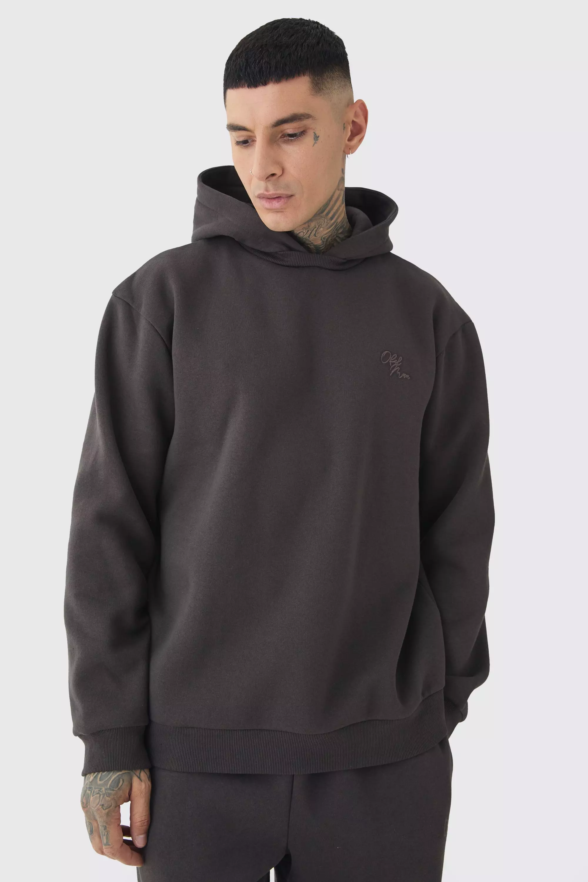 Tall Brushed Back Oversized Embroidered Hooded Sweat Chocolate