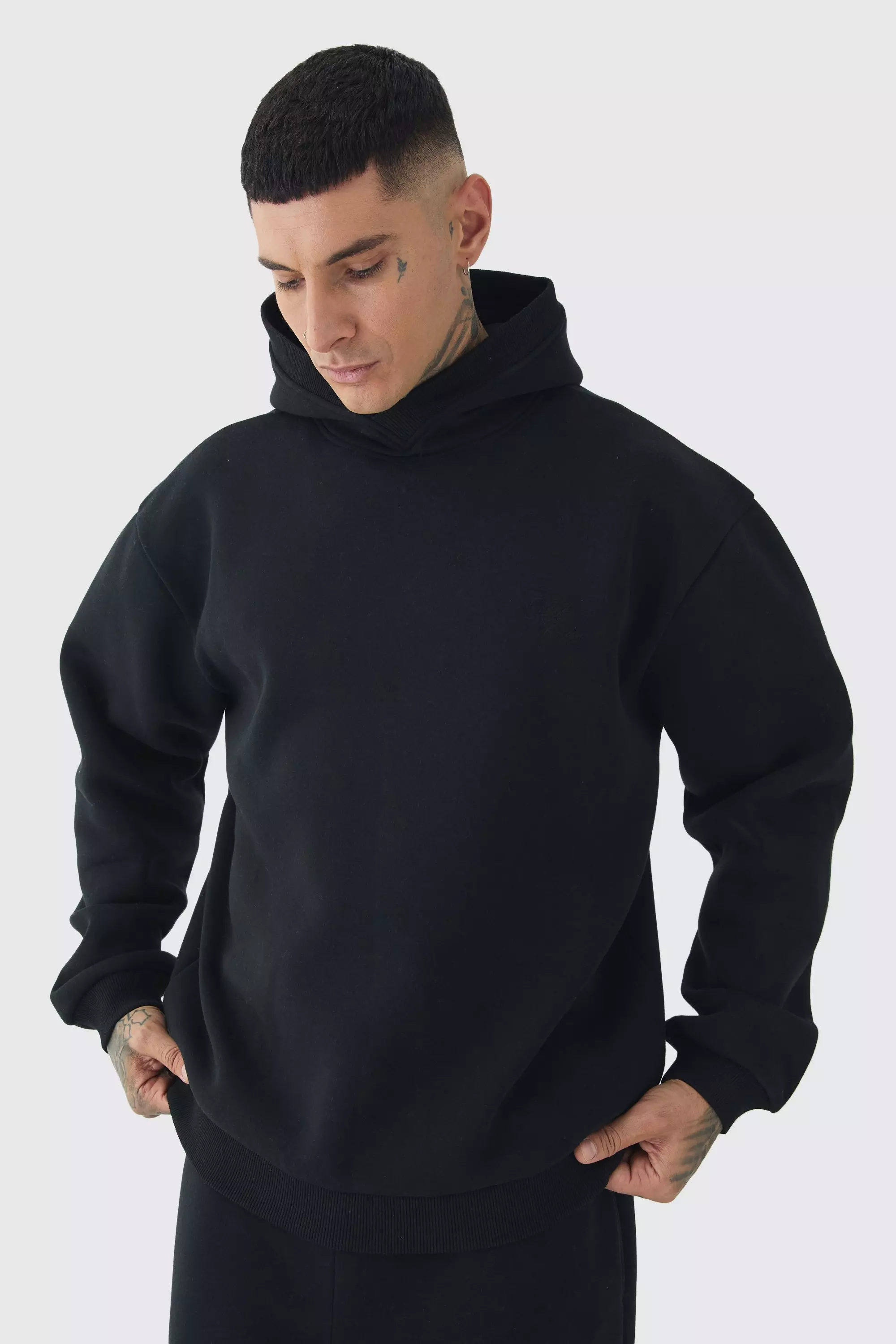 Tall Brushed Back Embroidered V Neck Hoodie boohooMAN