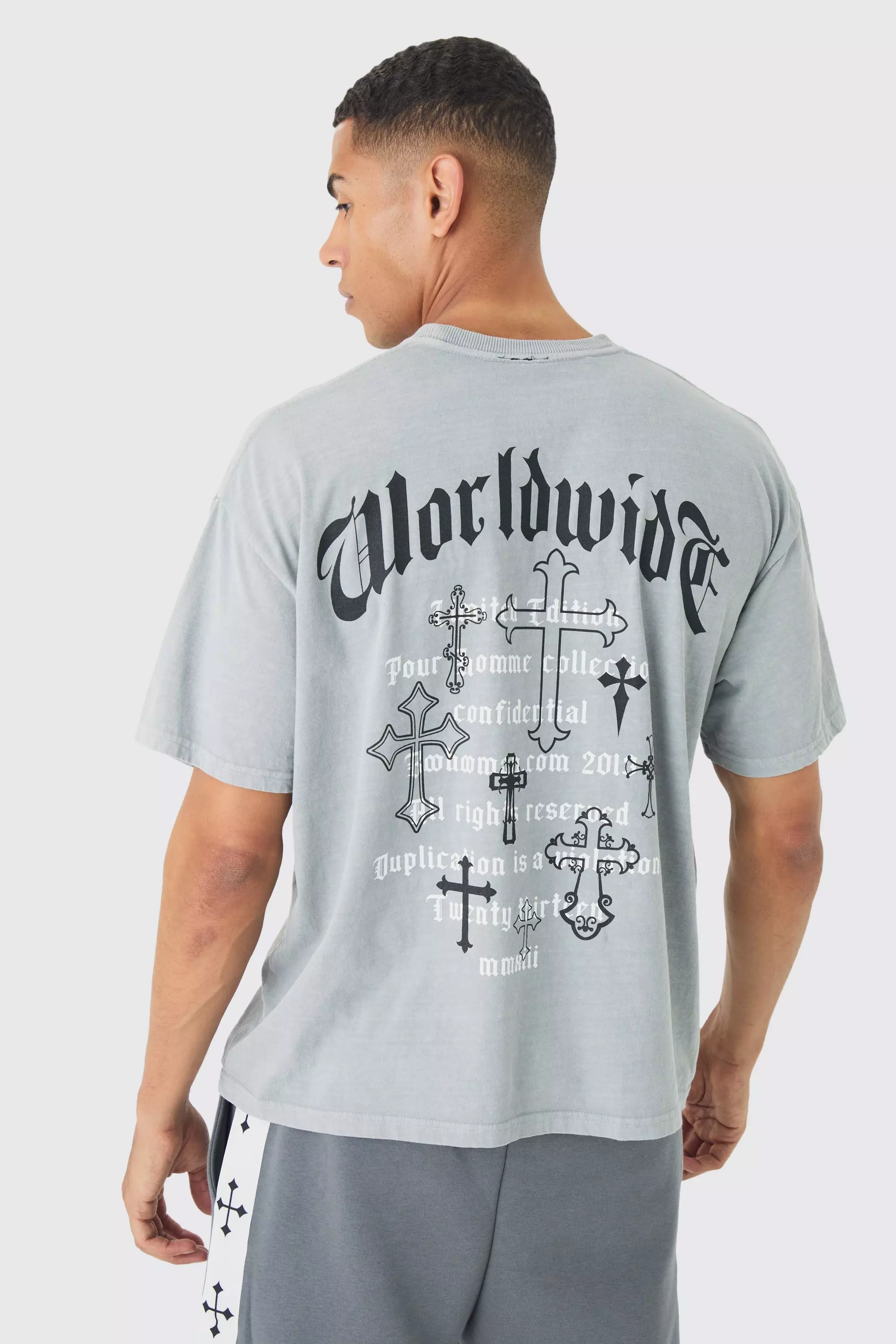 Oversized Washed Worldwide Cross Back Print T-Shirt Light grey