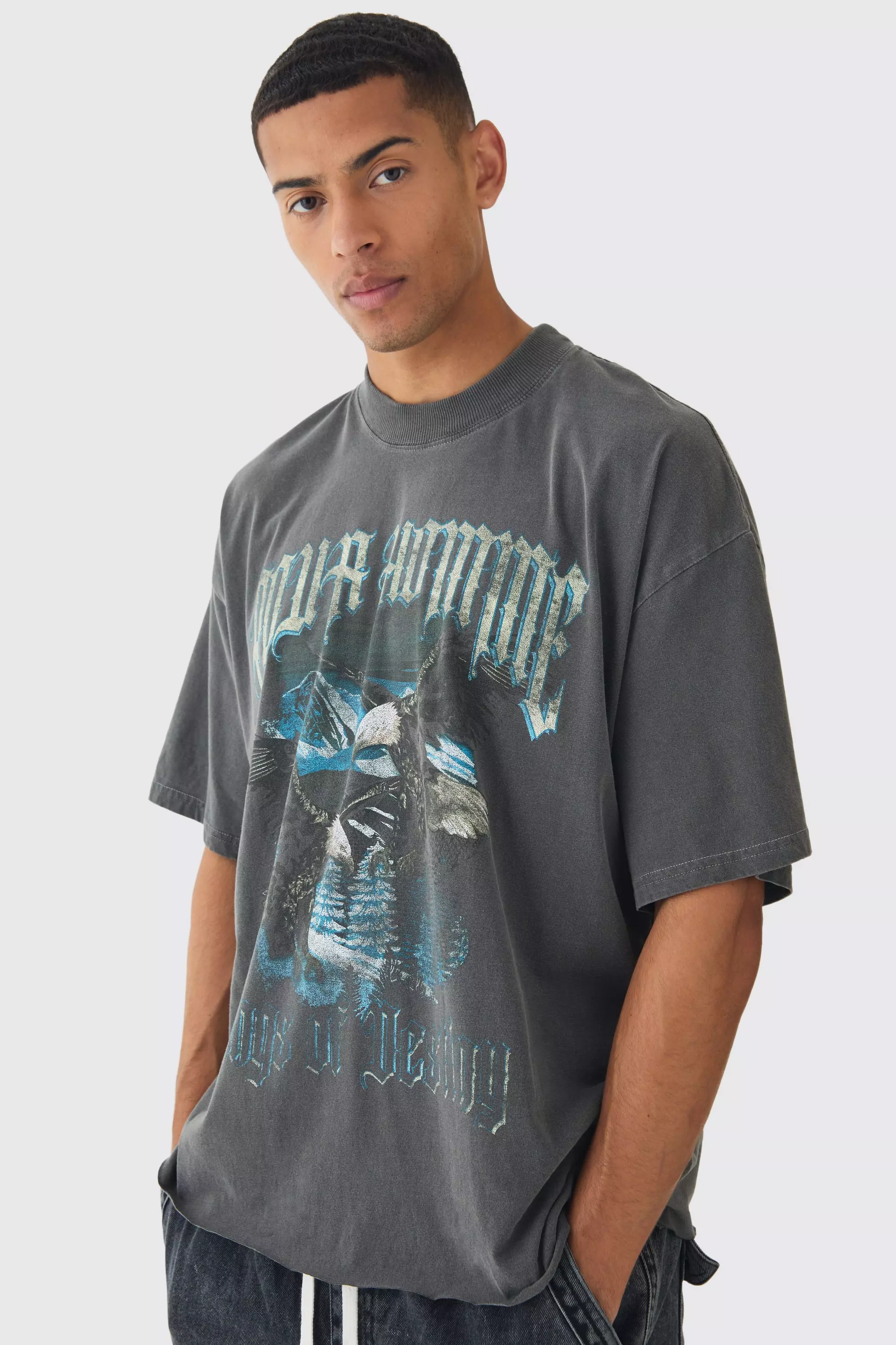 Oversized Boxy Extended Neck Eagle Print Raw Hem T-Shirt Black