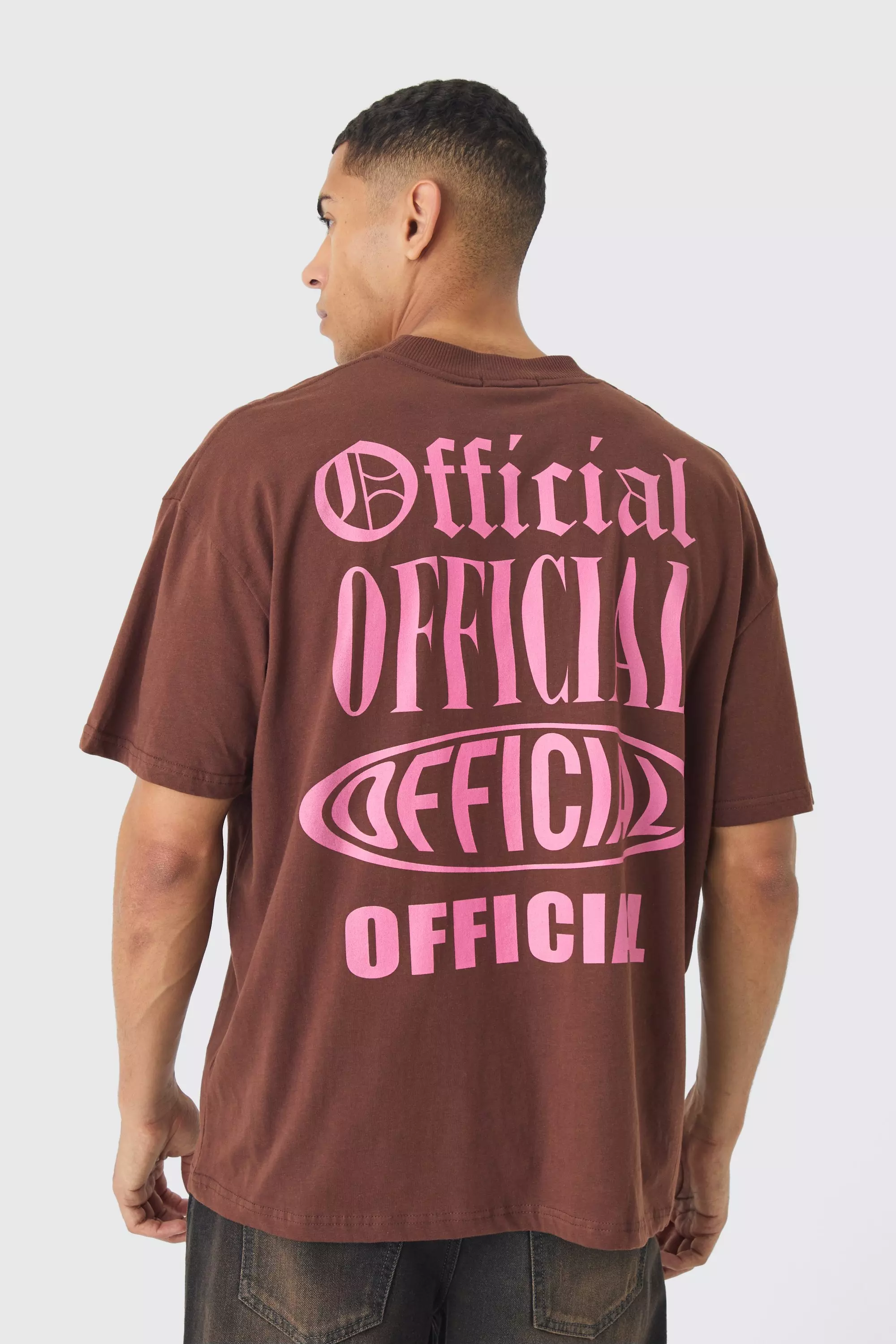 Chocolate Brown Oversized Extended Neck Official Back Print T-Shirt