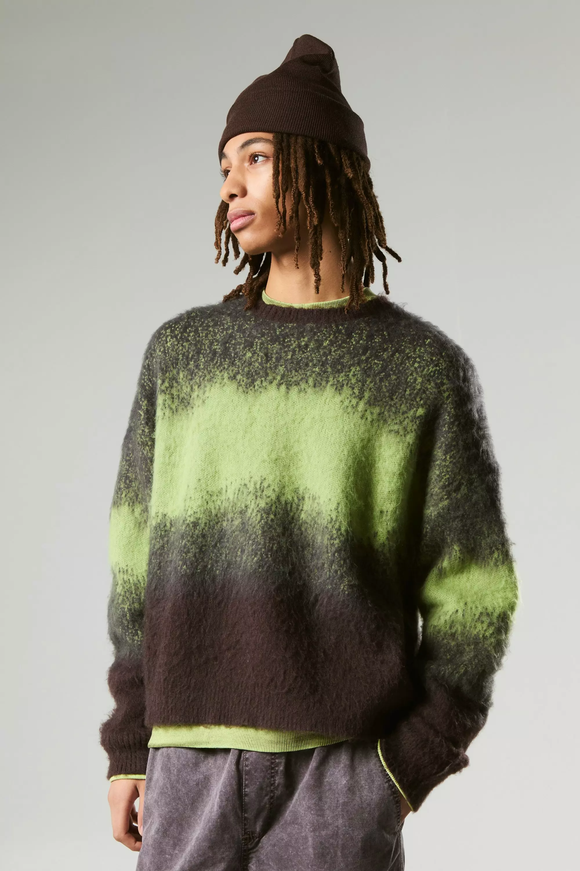 Oversized Boxy Eyelash Stripe Knit Sweater Green