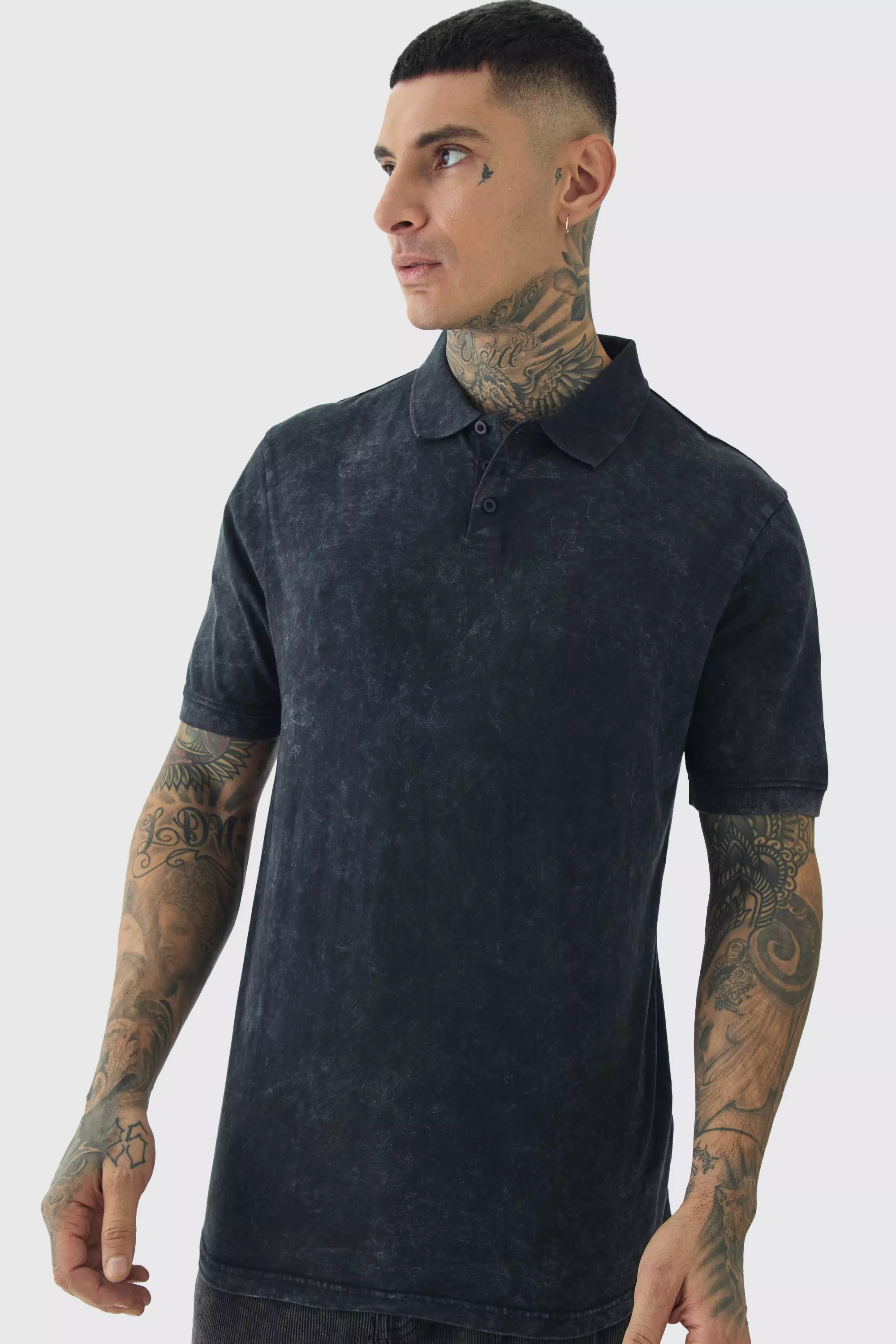 Black Tall Washed Polo in Black