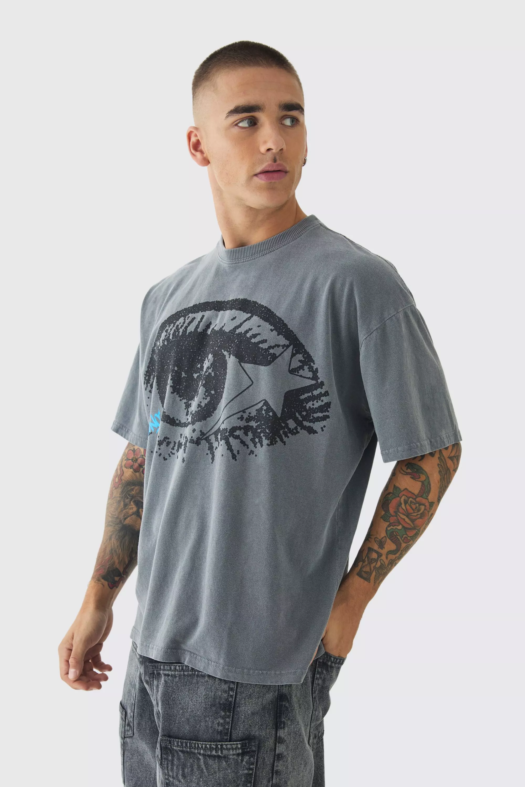 Oversized Boxy Washed Eye Print Raw Hem T-Shirt Charcoal