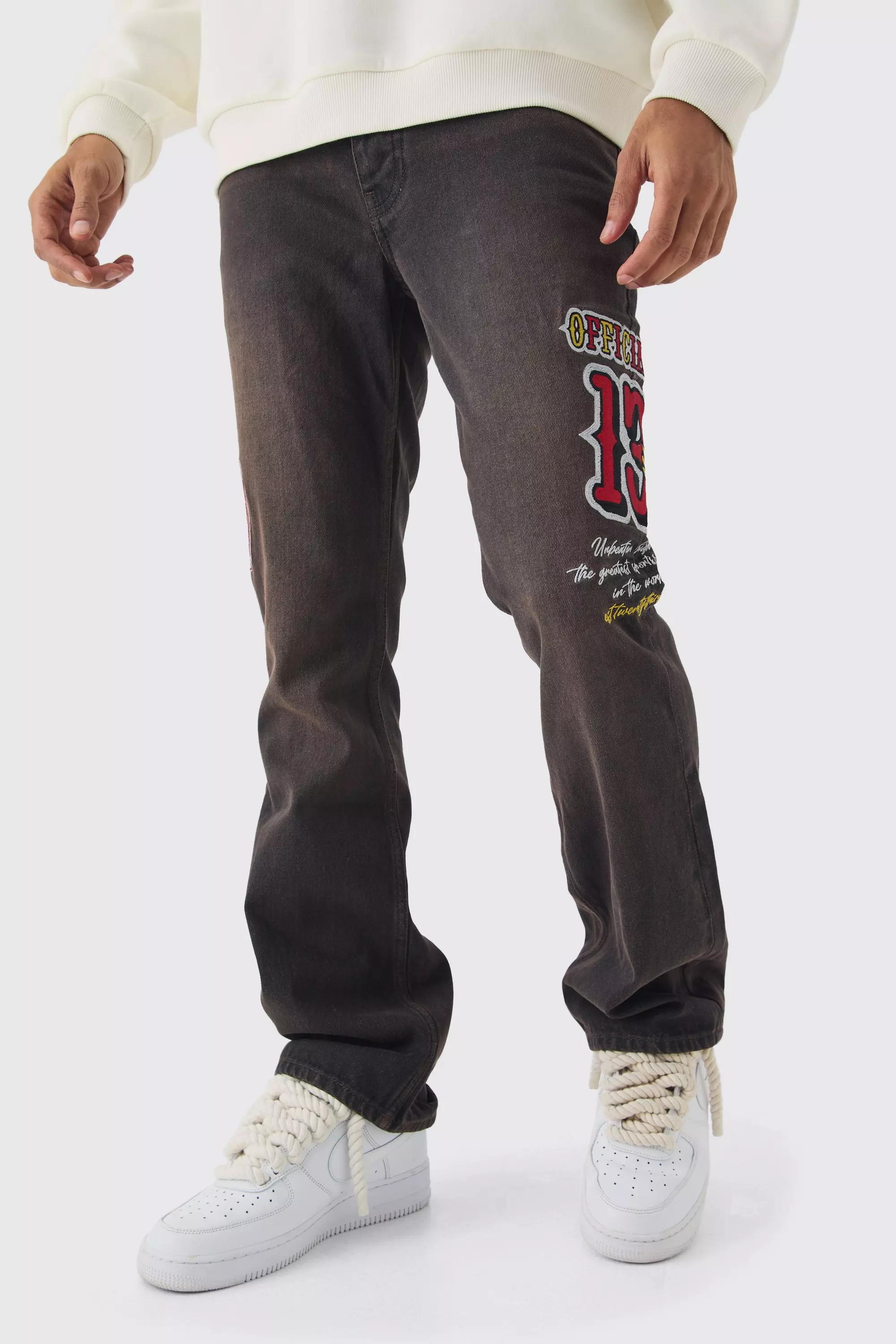 Slim Rigid Flare Varsity Moto Denim Jeans Brown