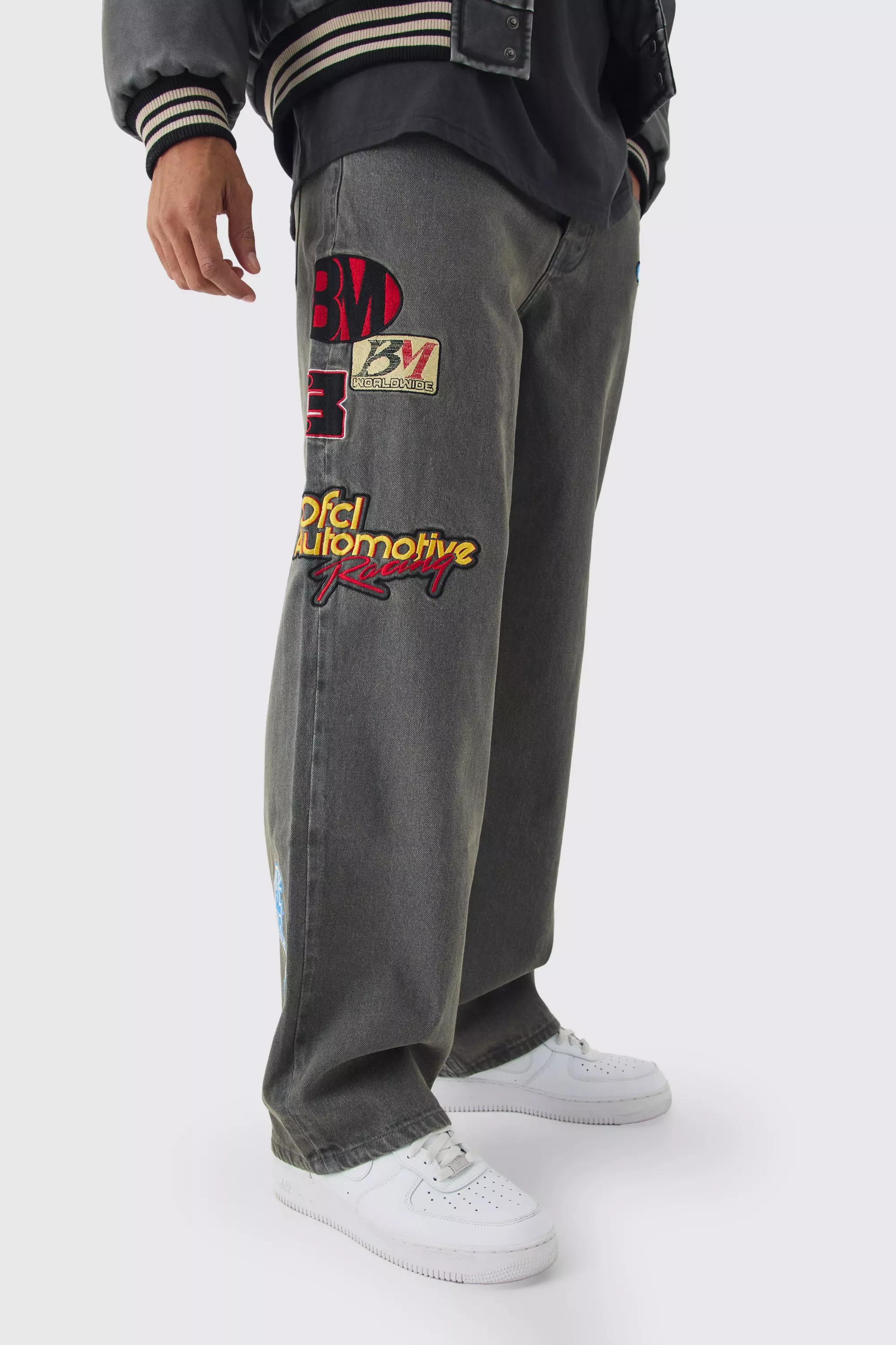 Relaxed Rigid Varsity Moto Denim Jeans Grey