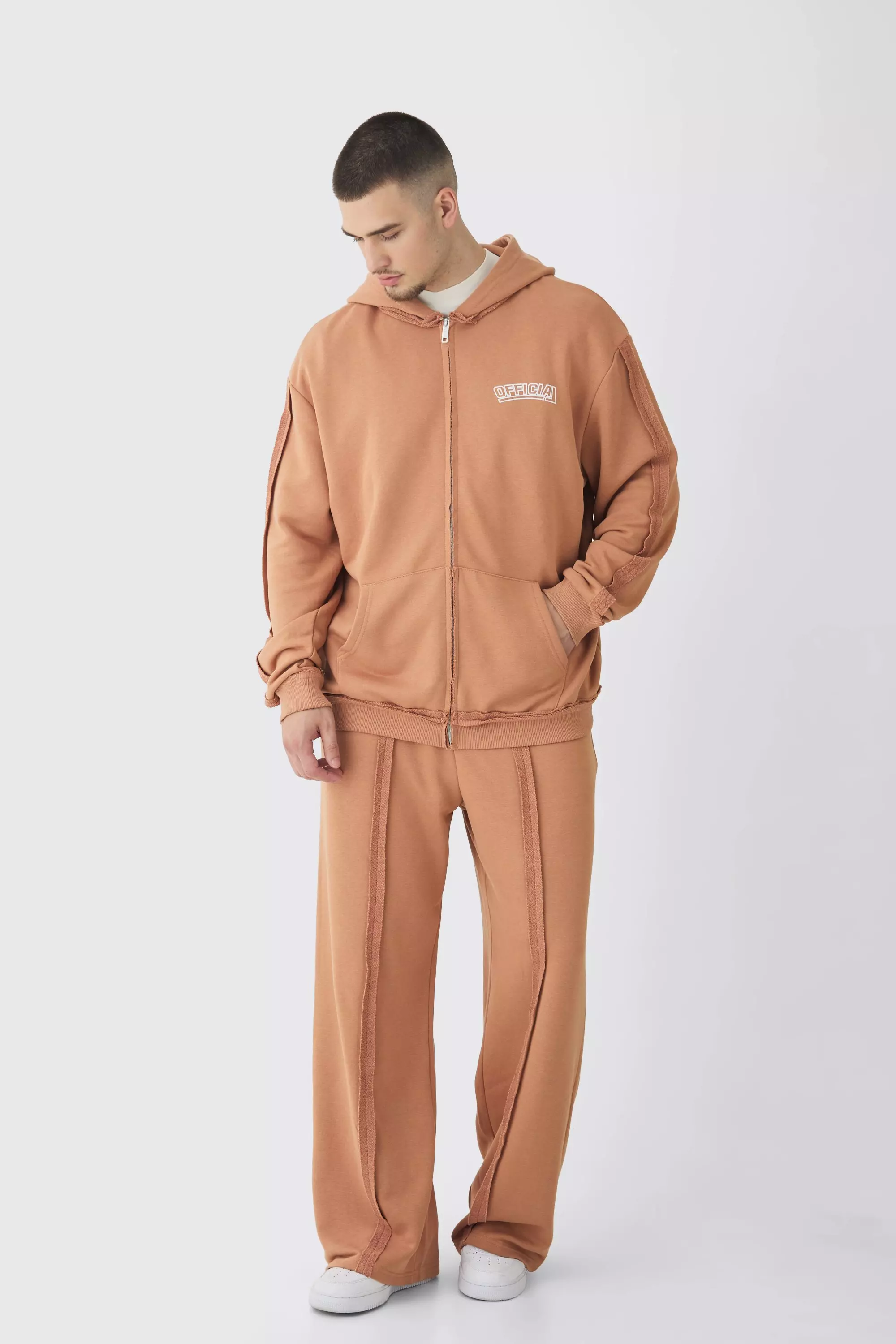 Tall Oversized Zip Applique Raw Seam & Wide Fit Sweatpants Tracksuit Brown