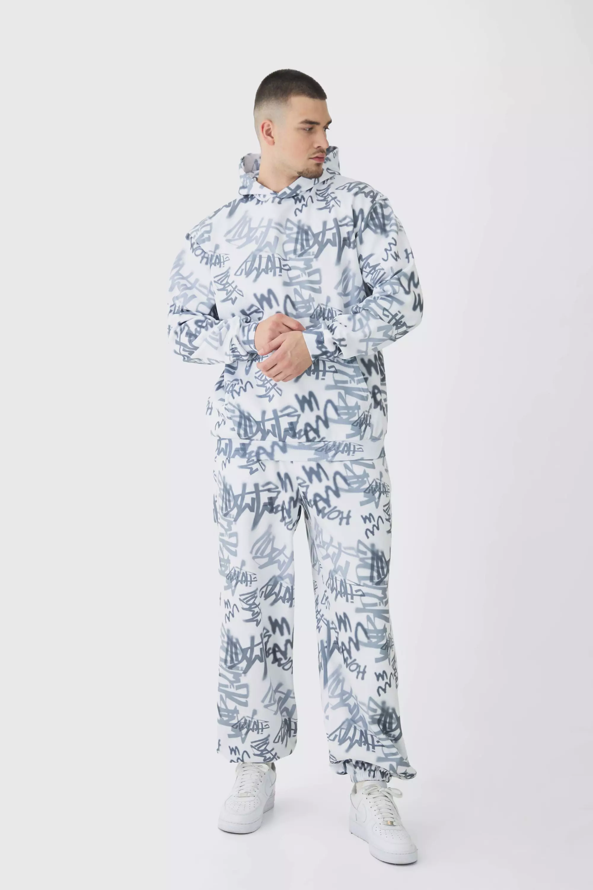 Tall Oversized Graffiti Print Hooded Wide Leg Tracksuit boohooMAN UK