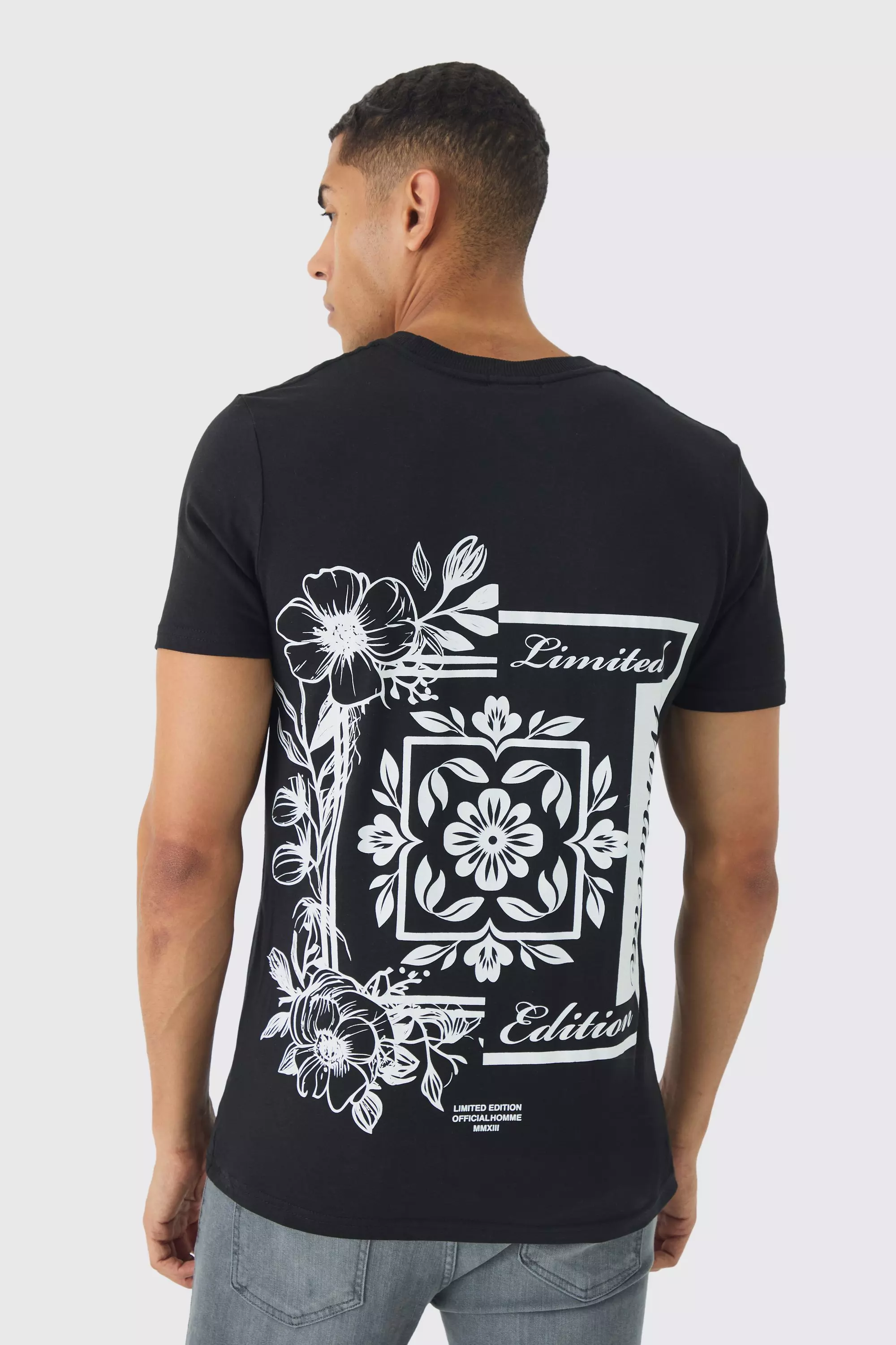 Black Slim Floral Back Print T-Shirt