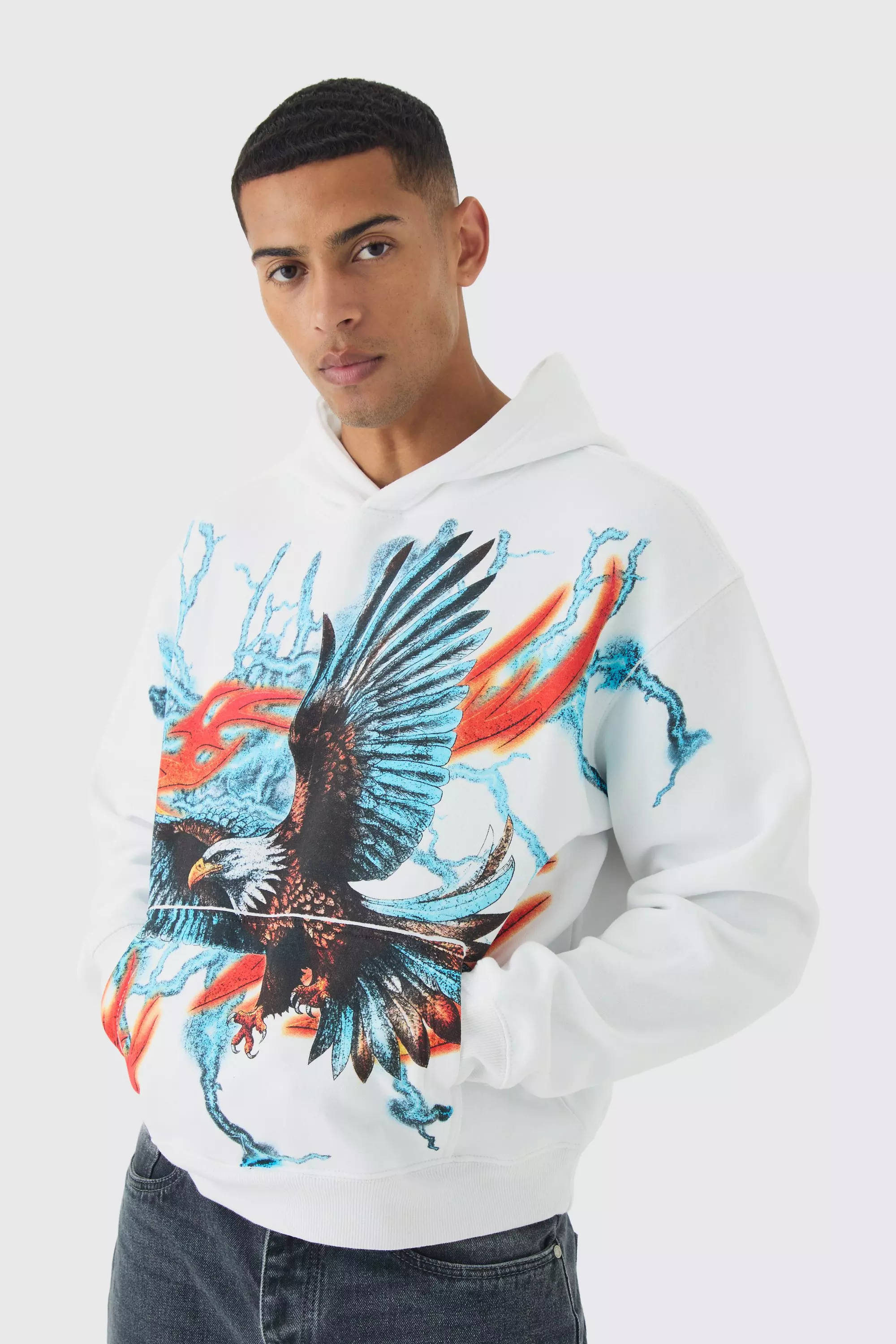 Kastiger Oversize Hoodie mit Adler-Print, White alternatives Bild