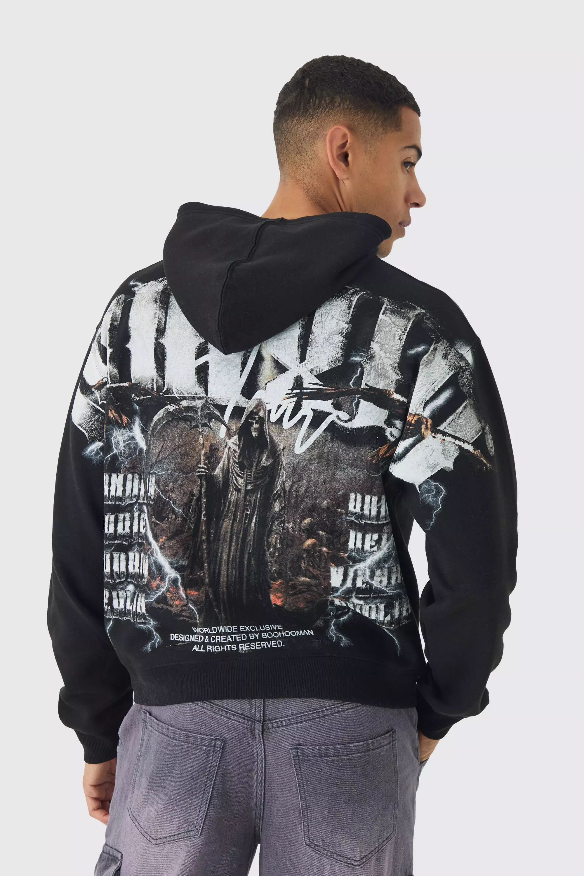 Oversized Boxy Over The Seams Gothic Back Graphic Hoodie boohooMAN