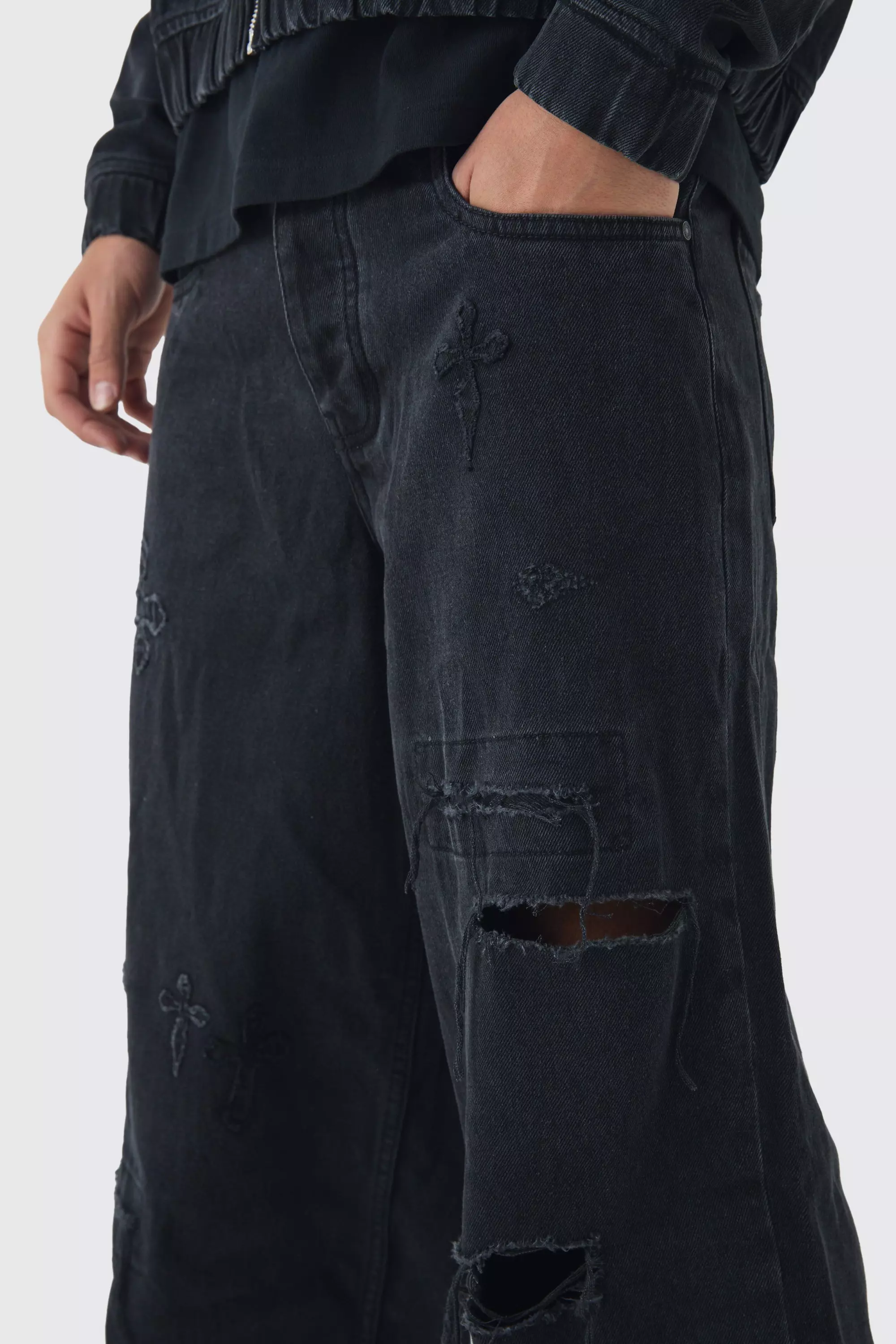 Baggy Rigid Cross Applique Denim Jeans | boohooMAN USA