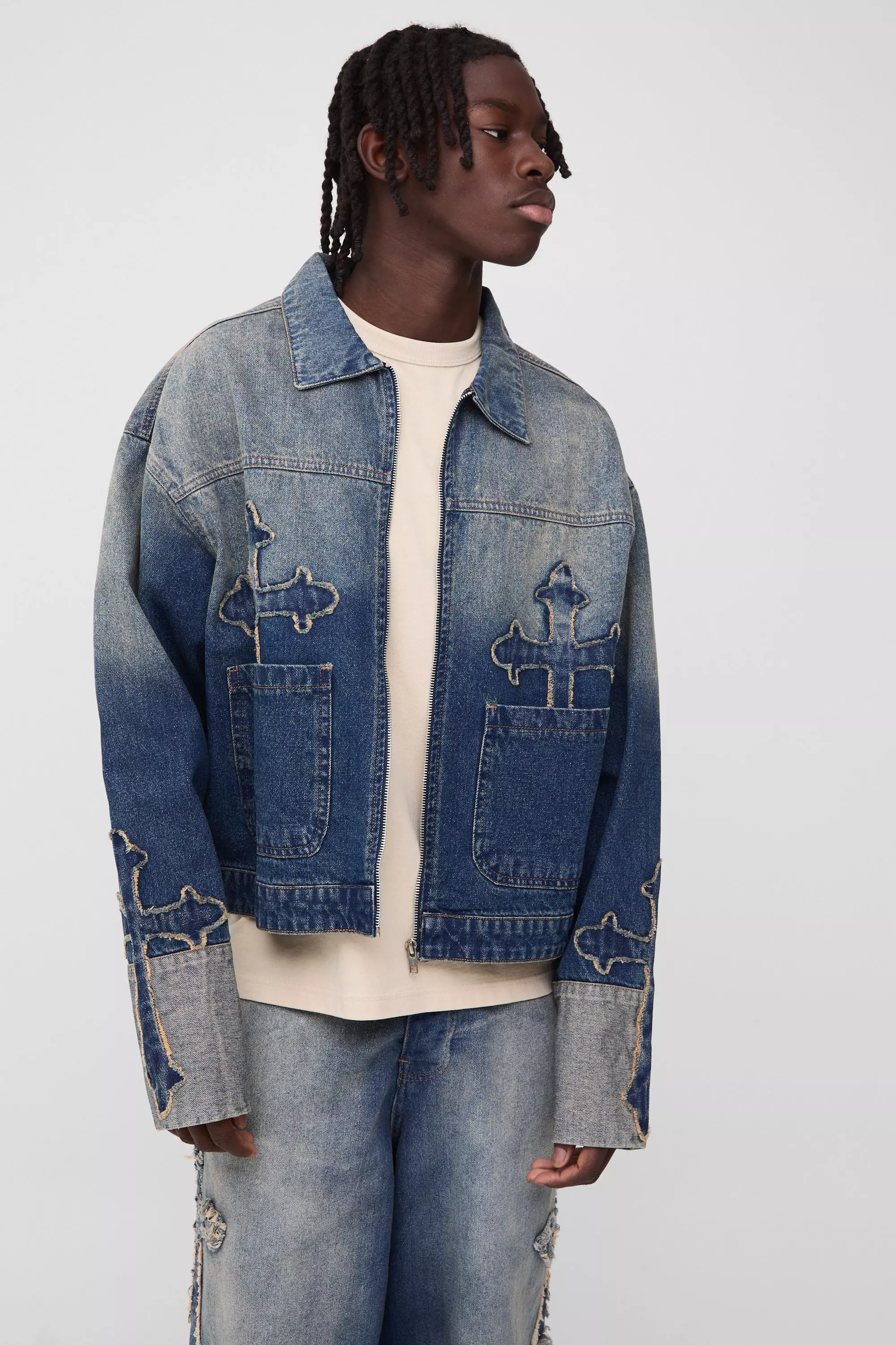 Boxy Fit Cross Applique Denim Bomber Antique blue