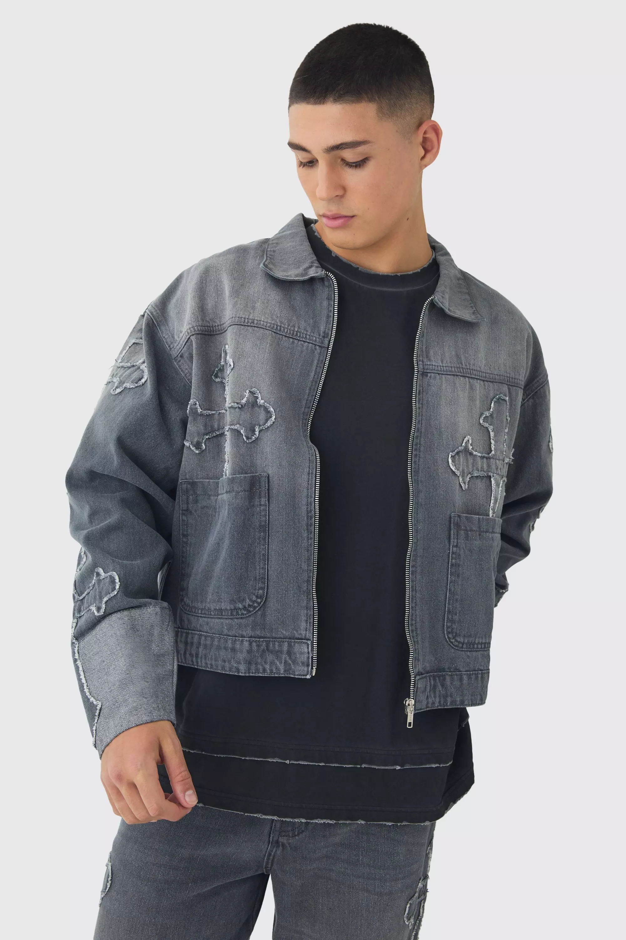 Boxy Fit Cross Applique Denim Bomber Grey