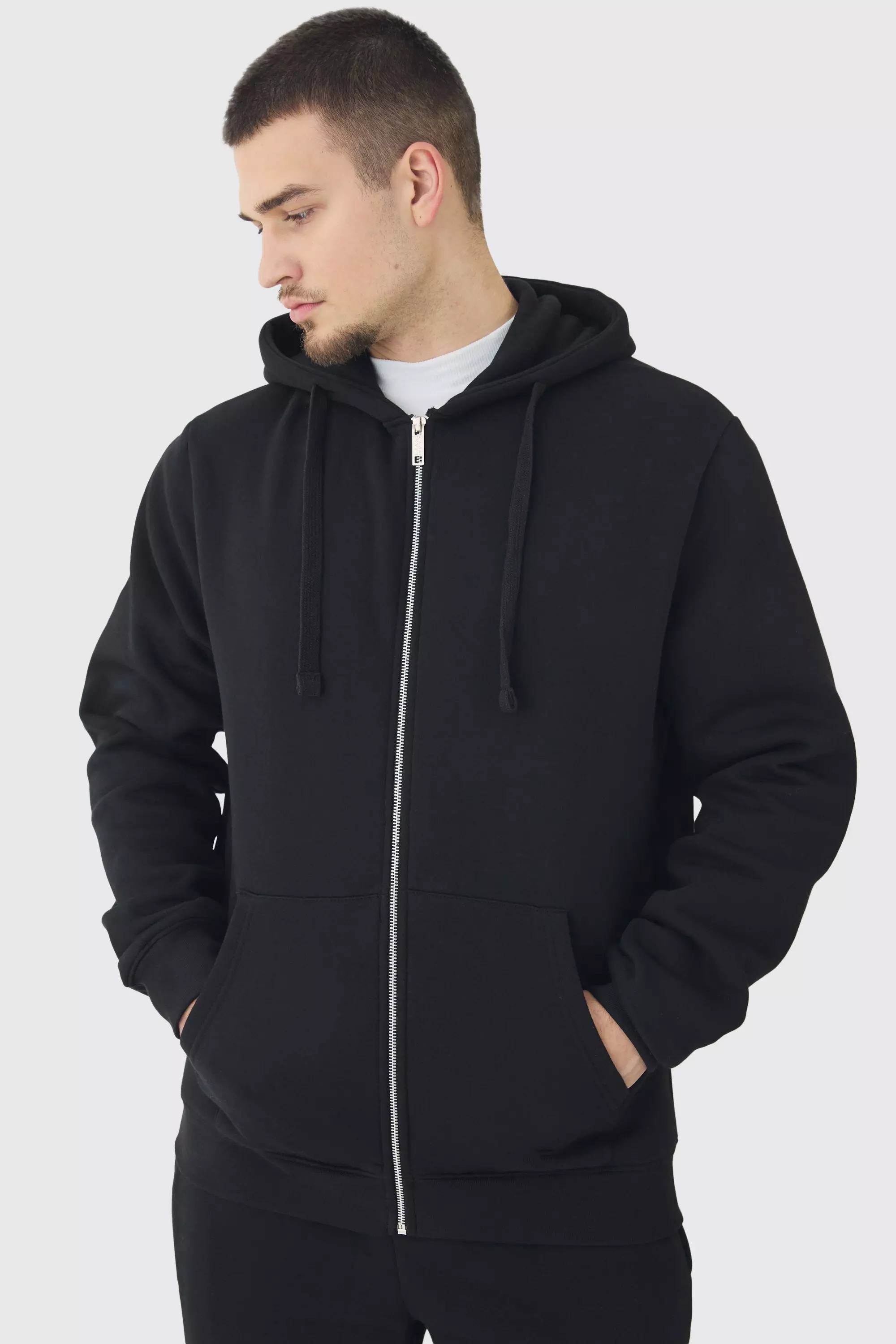 Black Tall Basic Zip Through Hoodie In Black