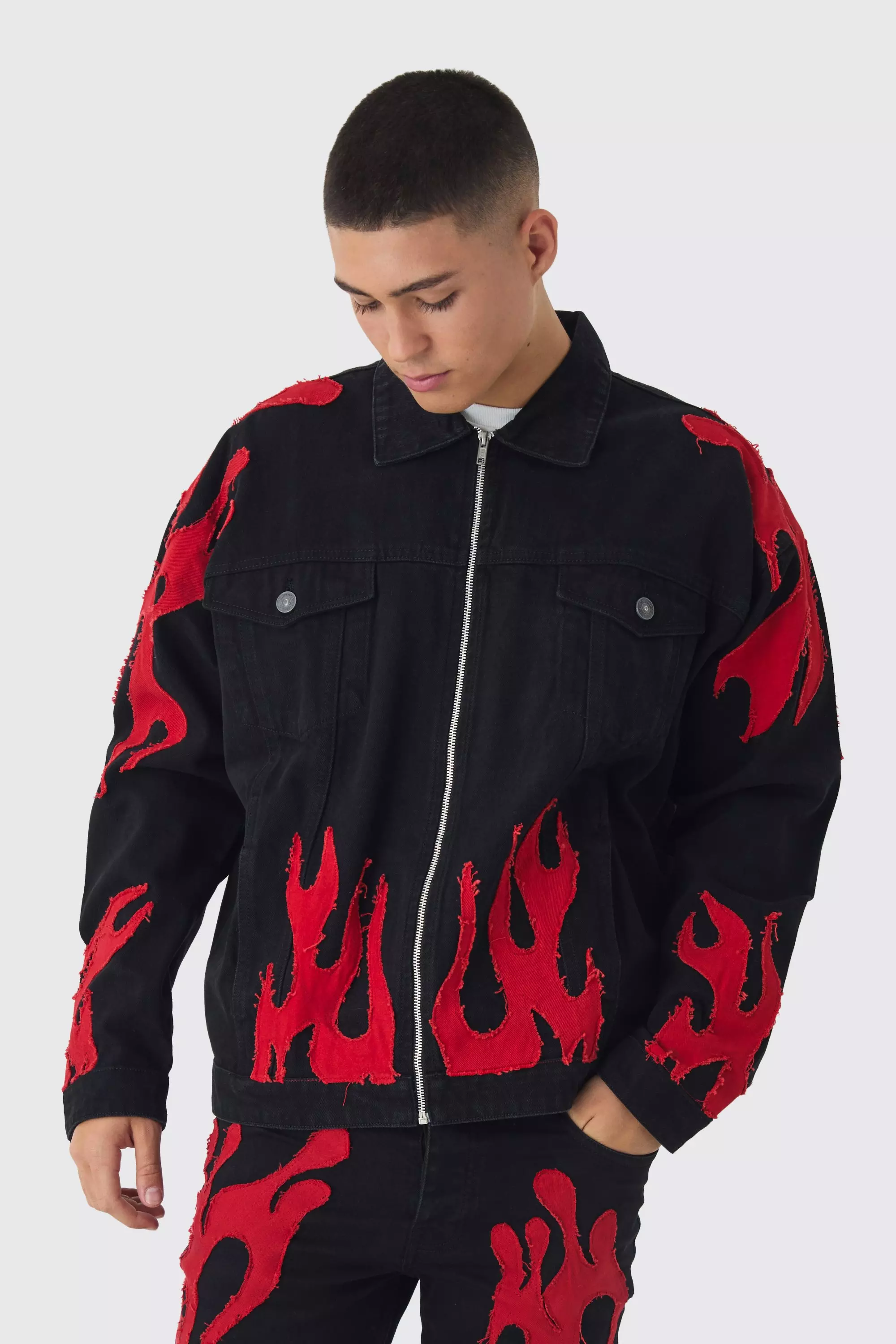 Oversized Flame Applique Denim Jacket True black