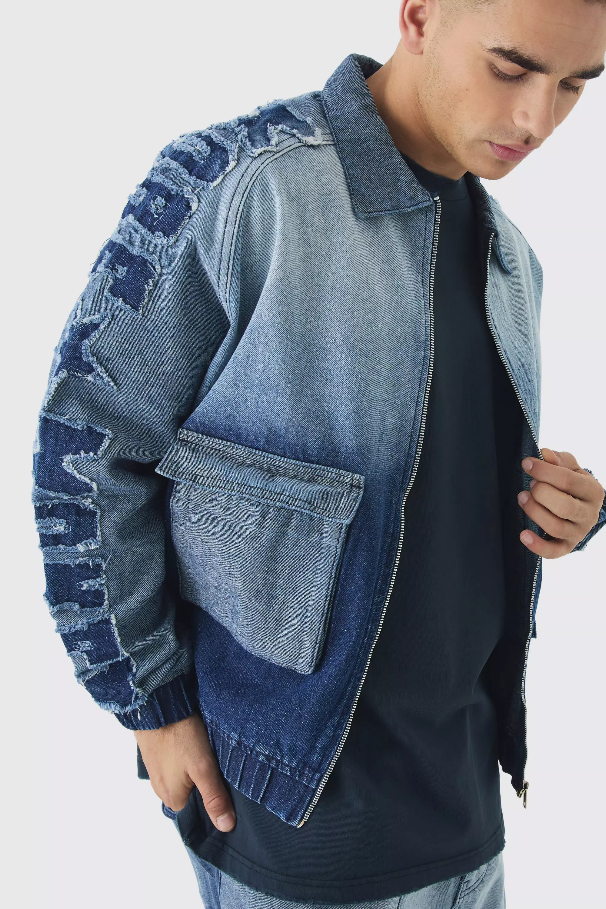 Oversized Star Applique Denim Bomber Dark blue