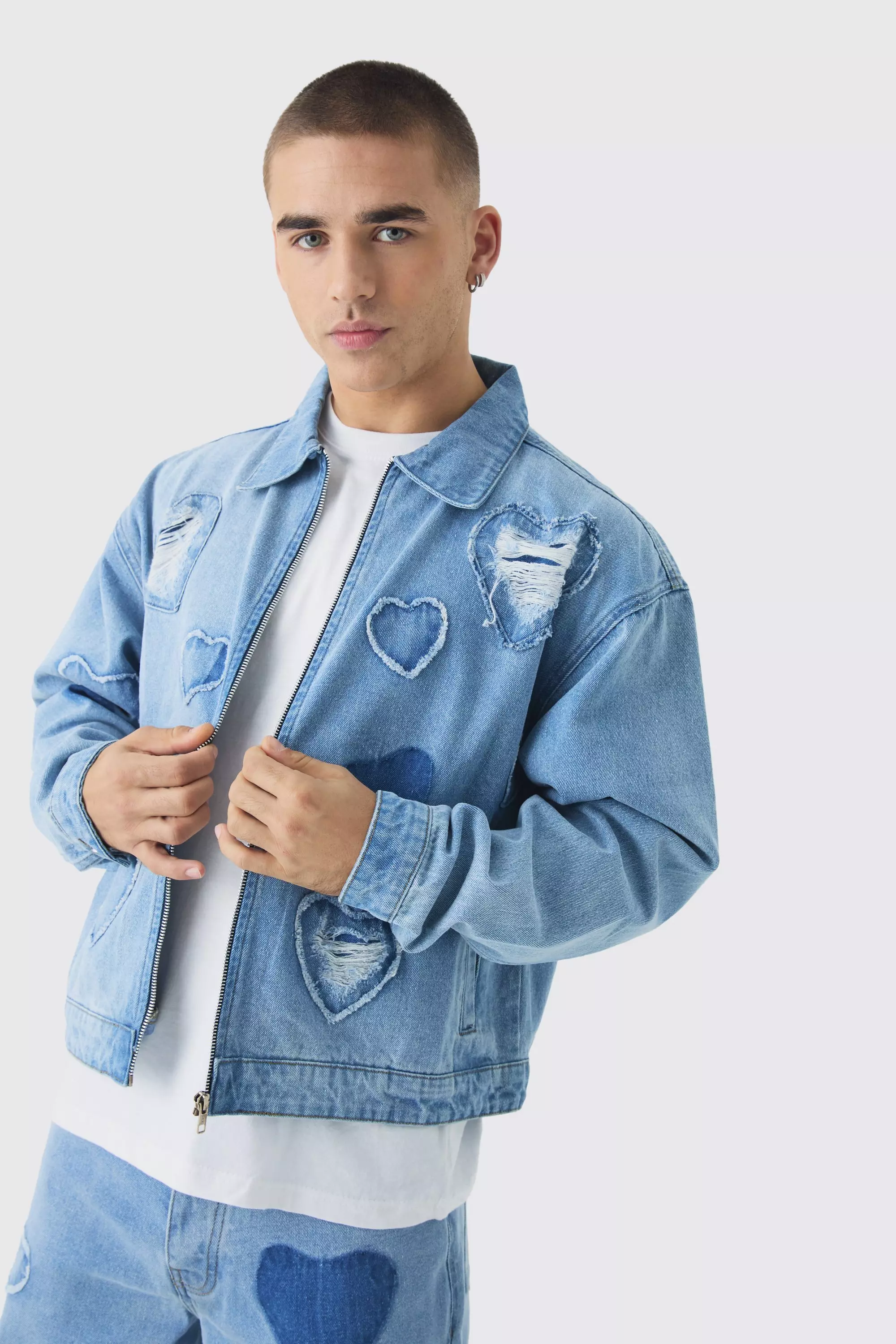 Boxy Fit Heart Applique Denim Bomber Light blue