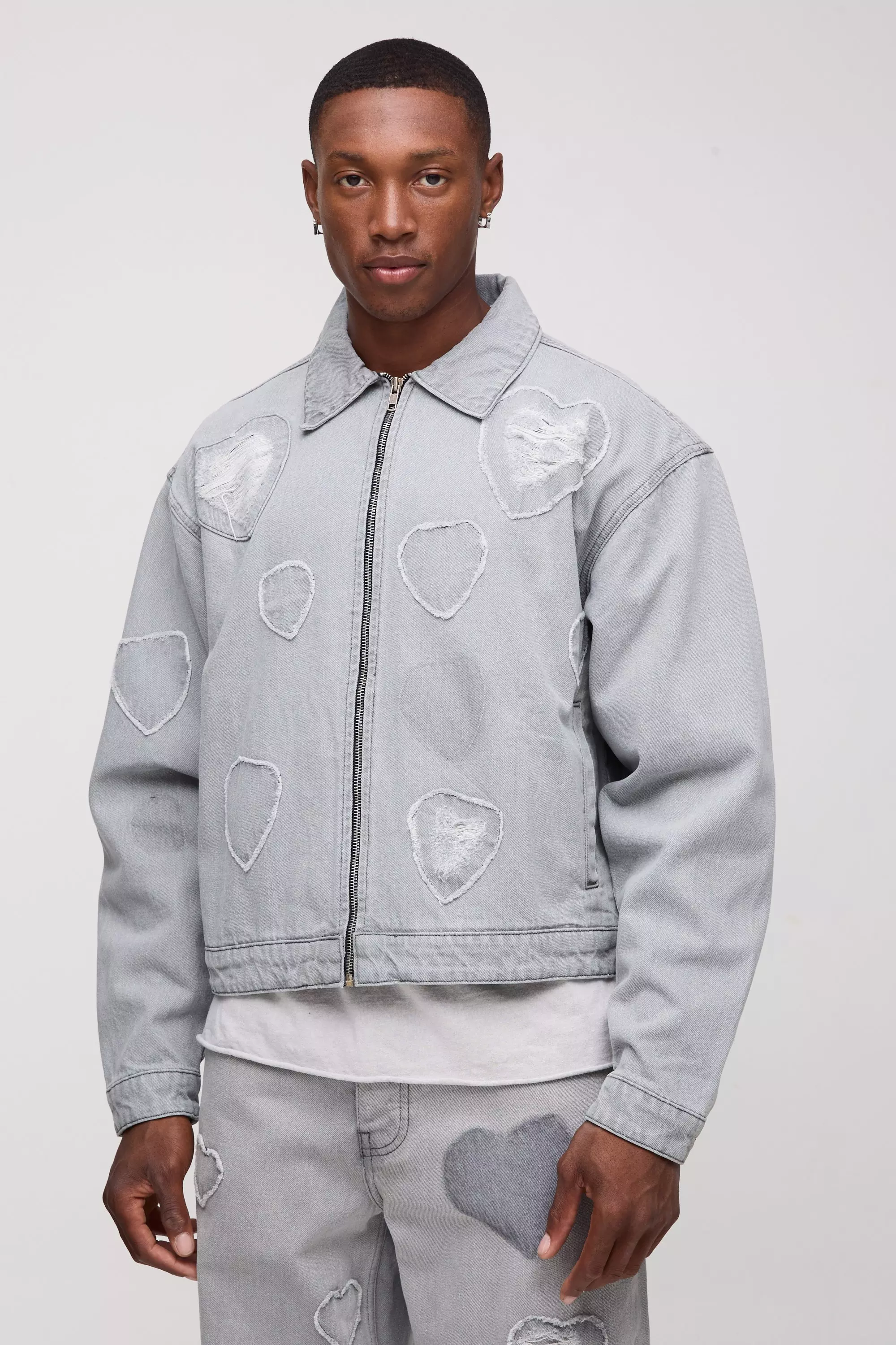 Boxy Fit Heart Applique Denim Bomber Light grey