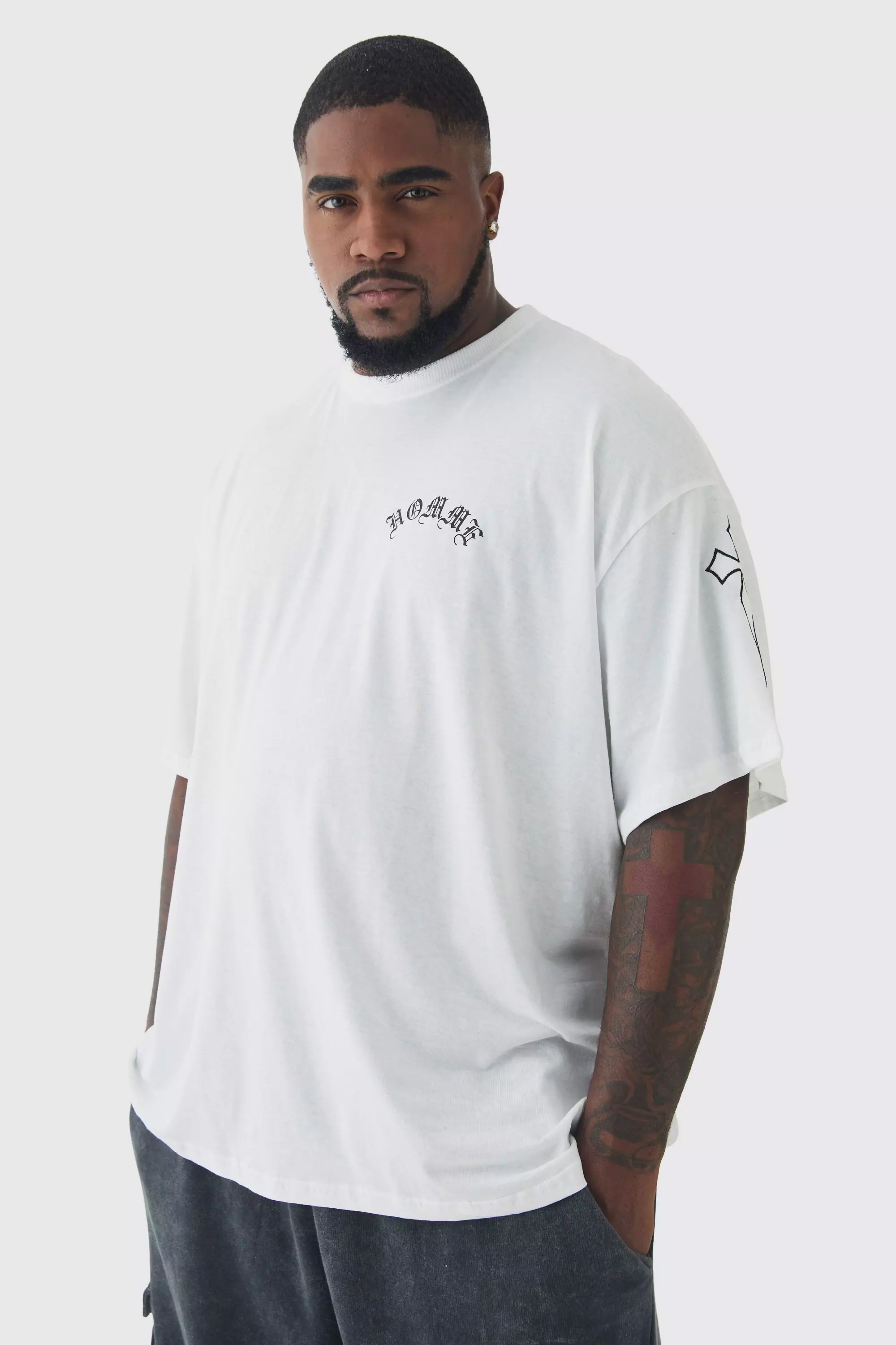 White Plus Oversized Homme Print & Cross Embroidered T-Shirt