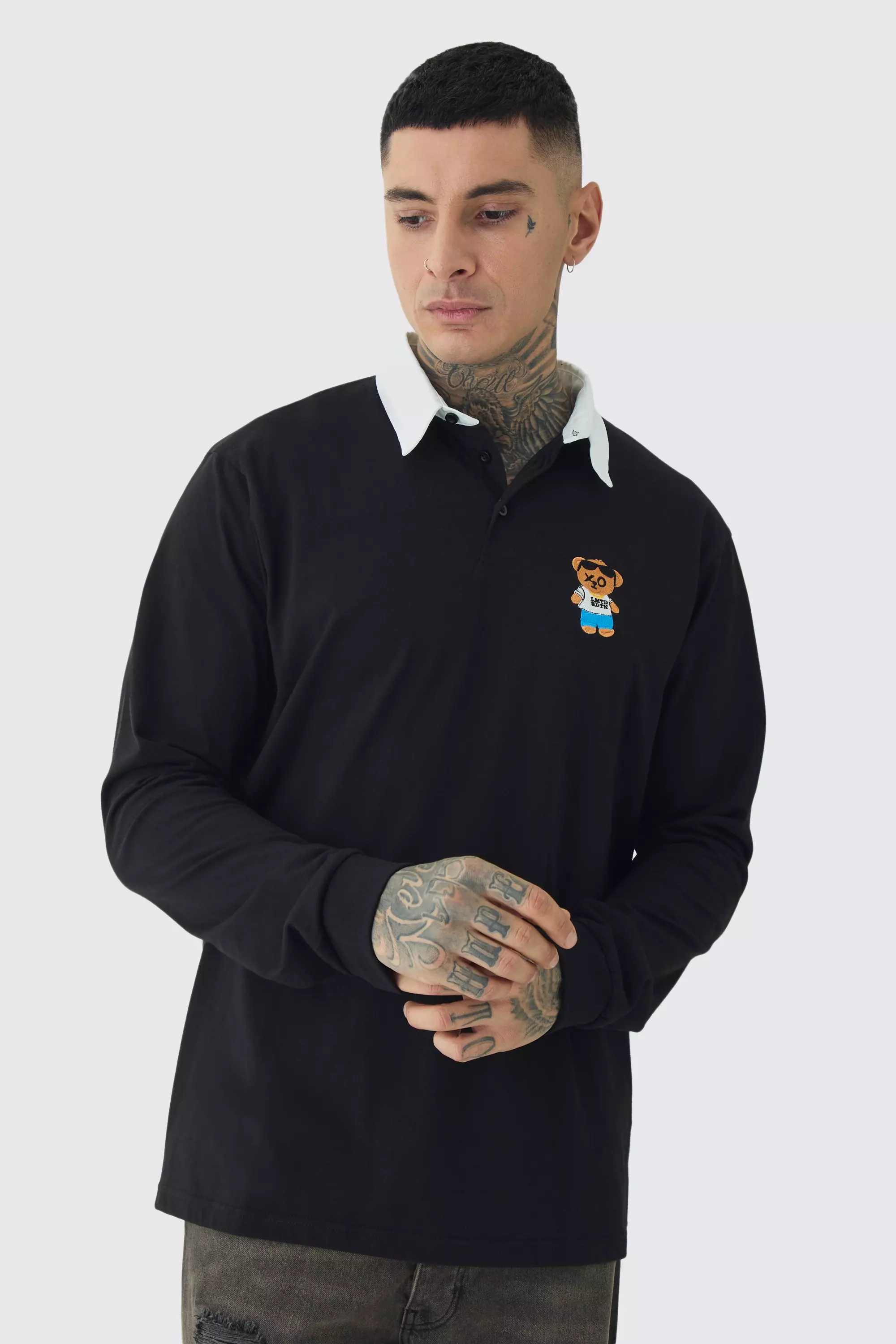 Tall Embroidered Rugby Polo Black