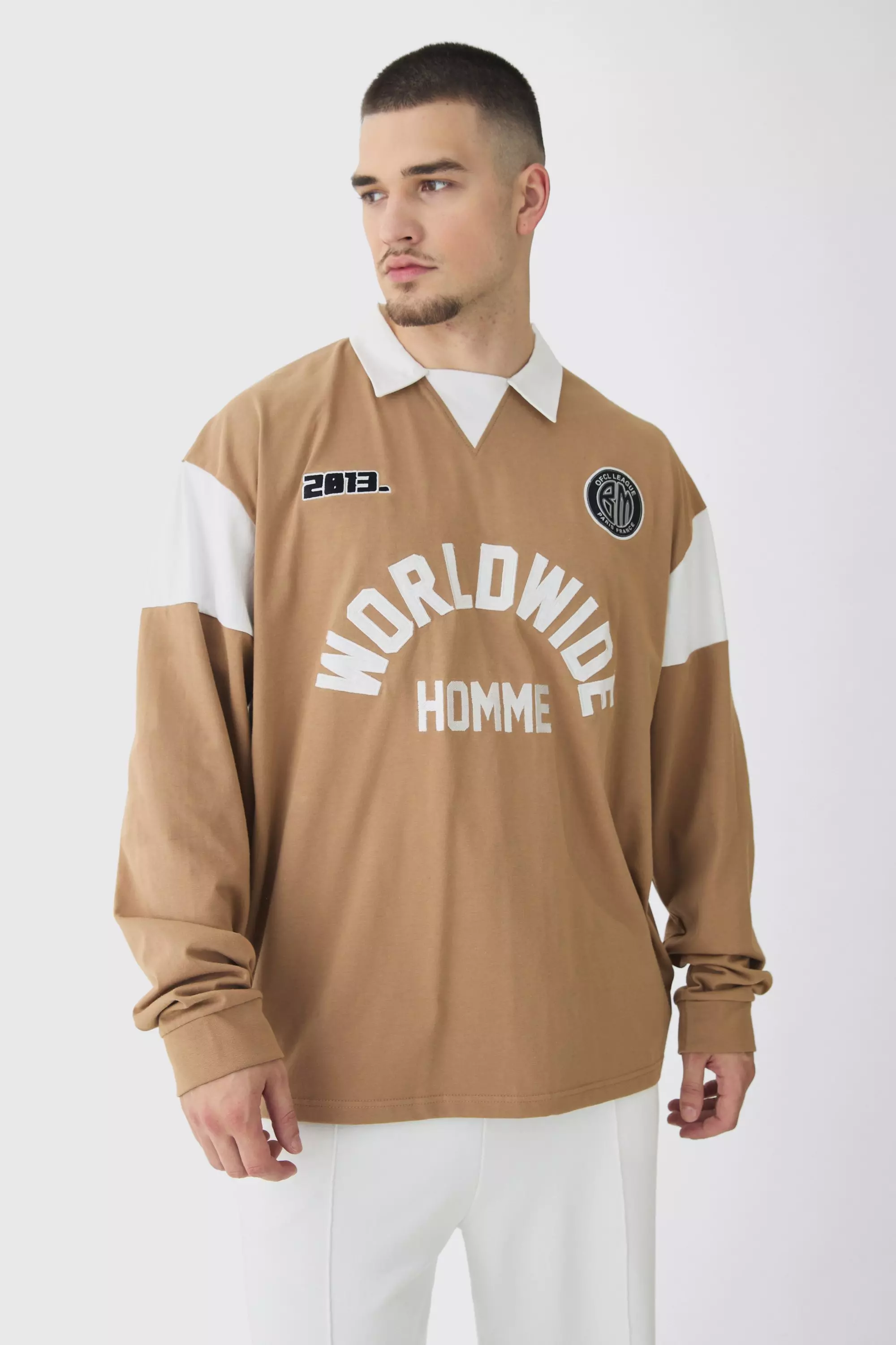 Tall Oversized Worldwide Applique Rugby Polo Brown