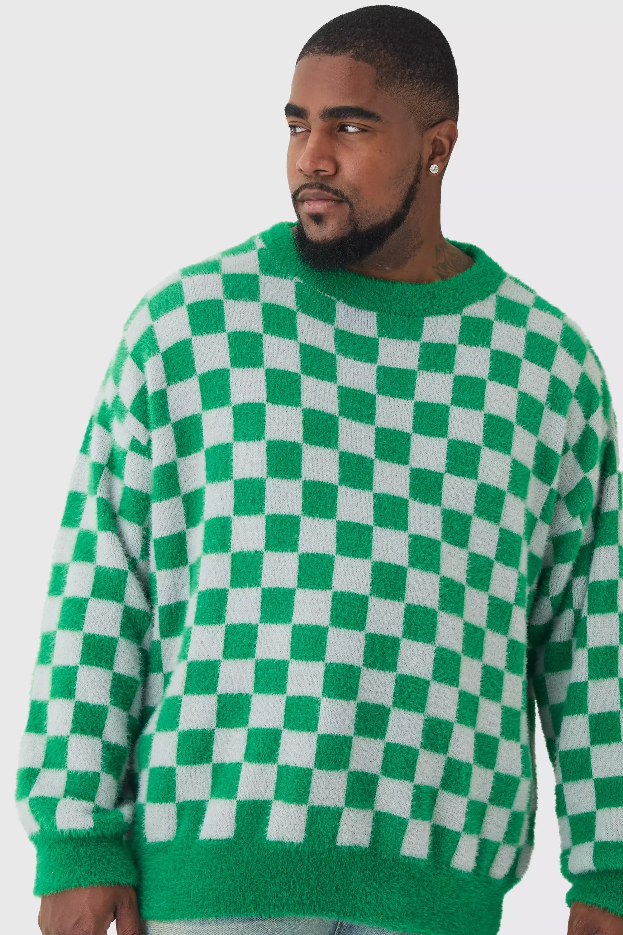 Plus Fluffy Knit Checkered Sweatshirt Green