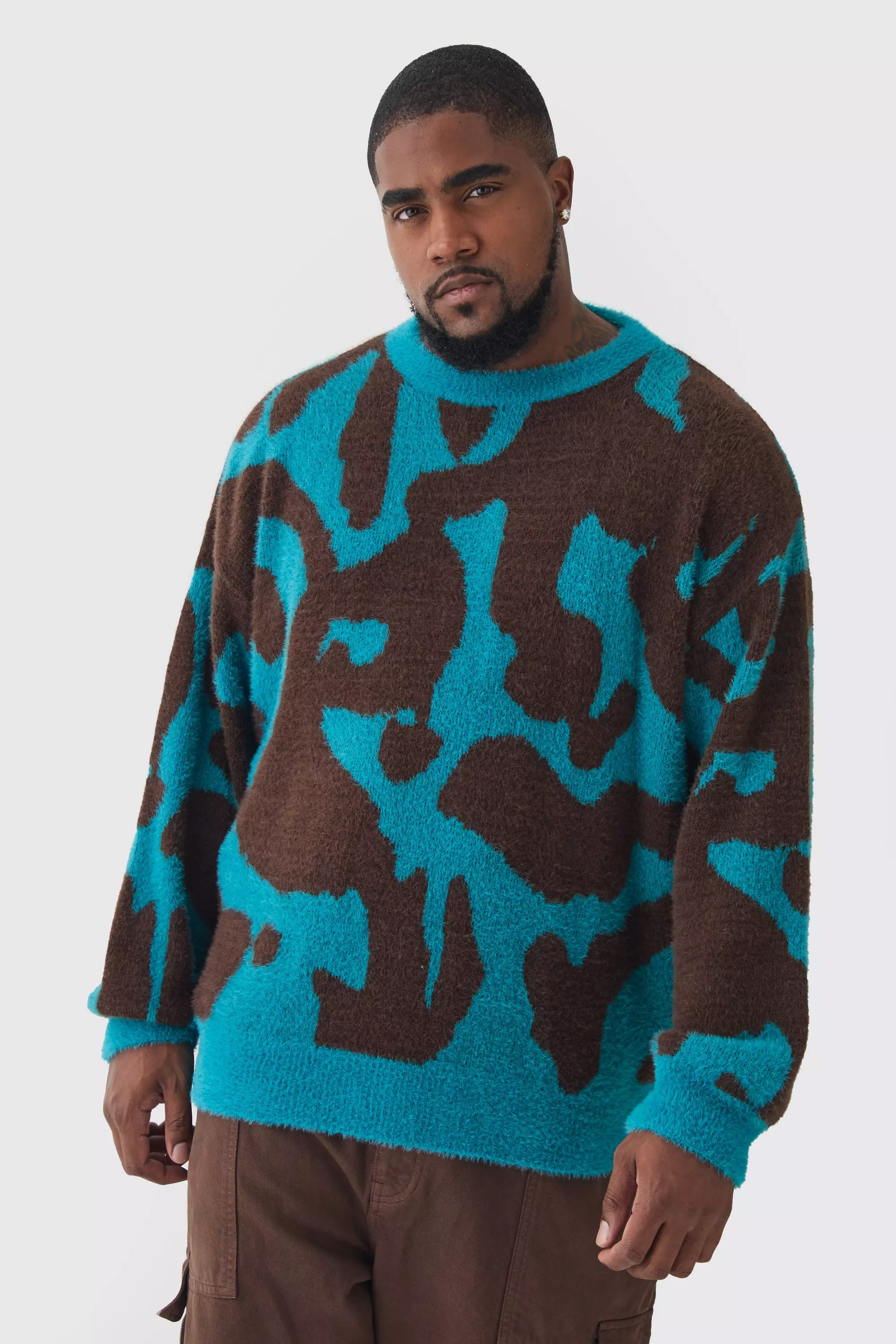 Plus Fluffy Knit Abstract Sweatshirt Teal