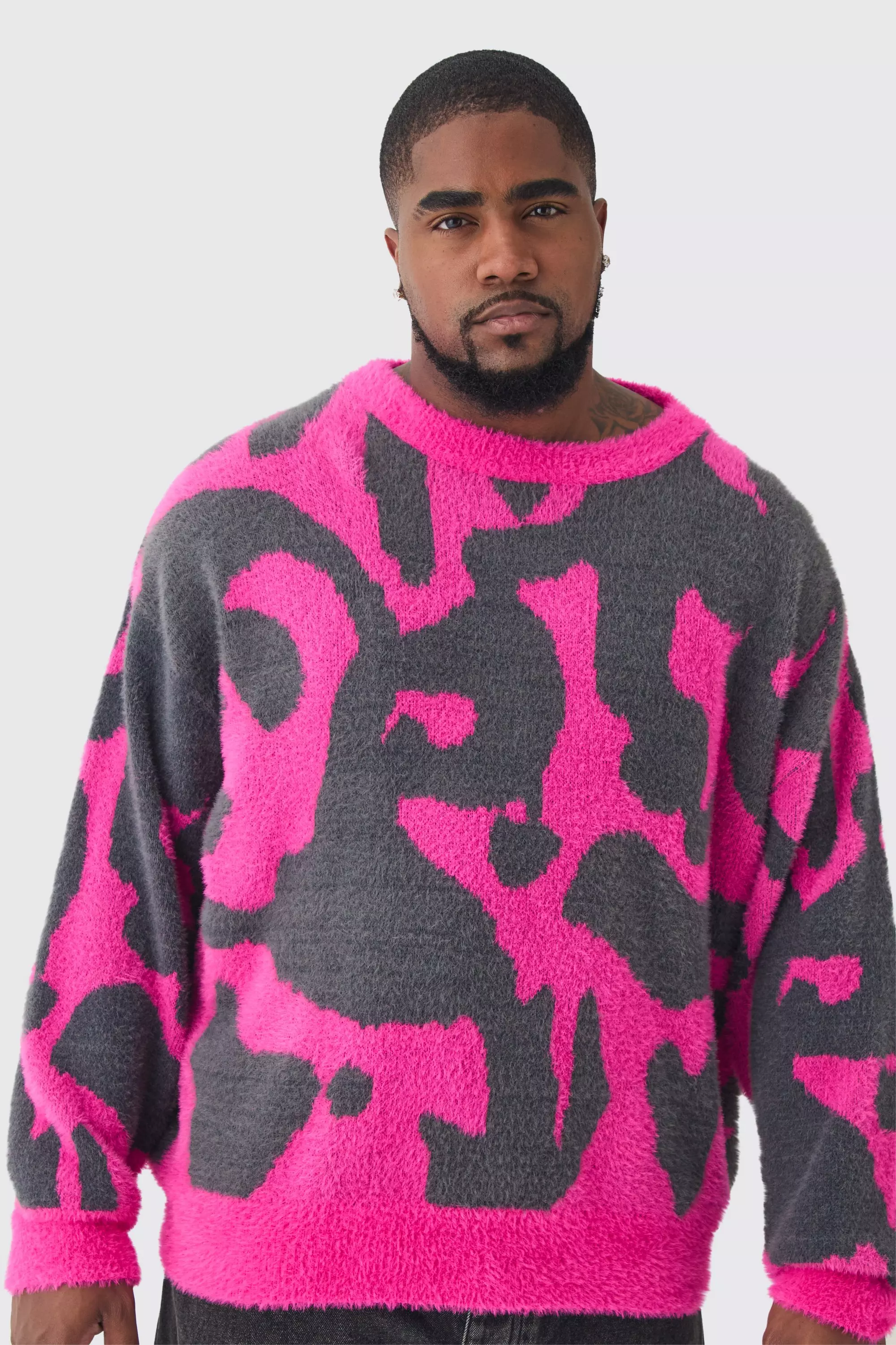 Plus Fluffy Knit Abstract Sweatshirt Pink