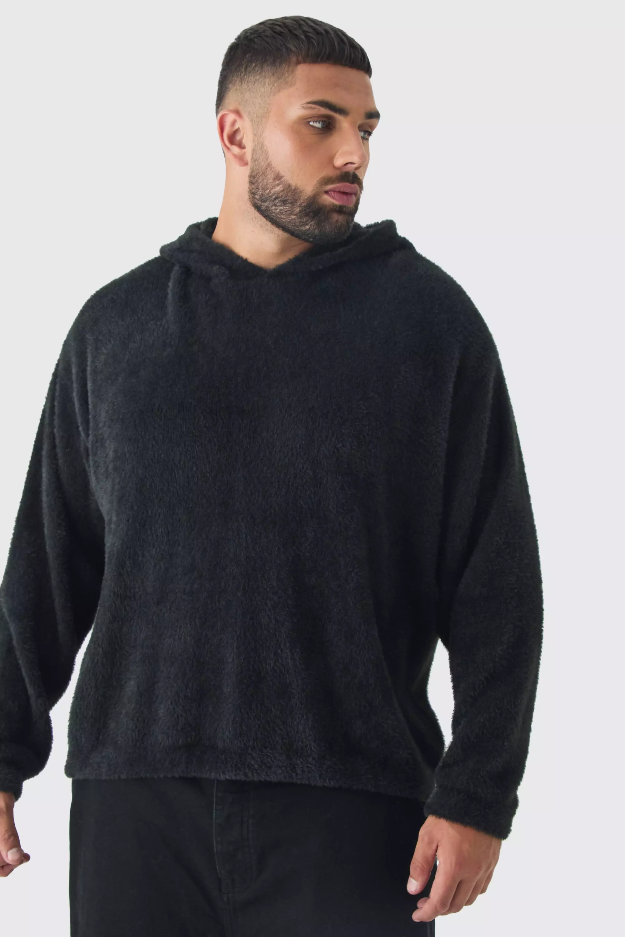 Black Plus Fluffy Knit Boxy Oversized Hoodie