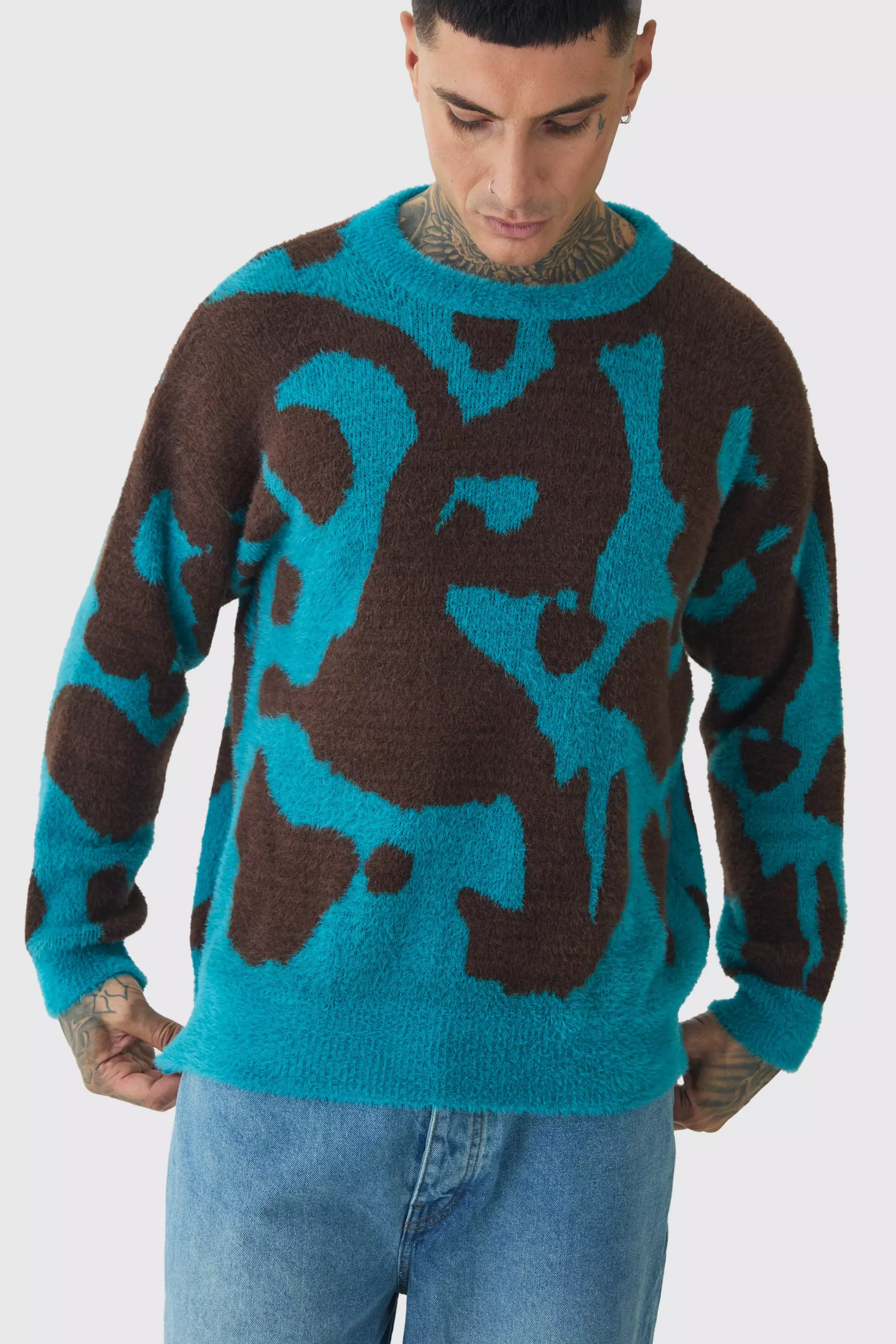 Tall Fluffy Knit Abstract Sweatshirt Teal