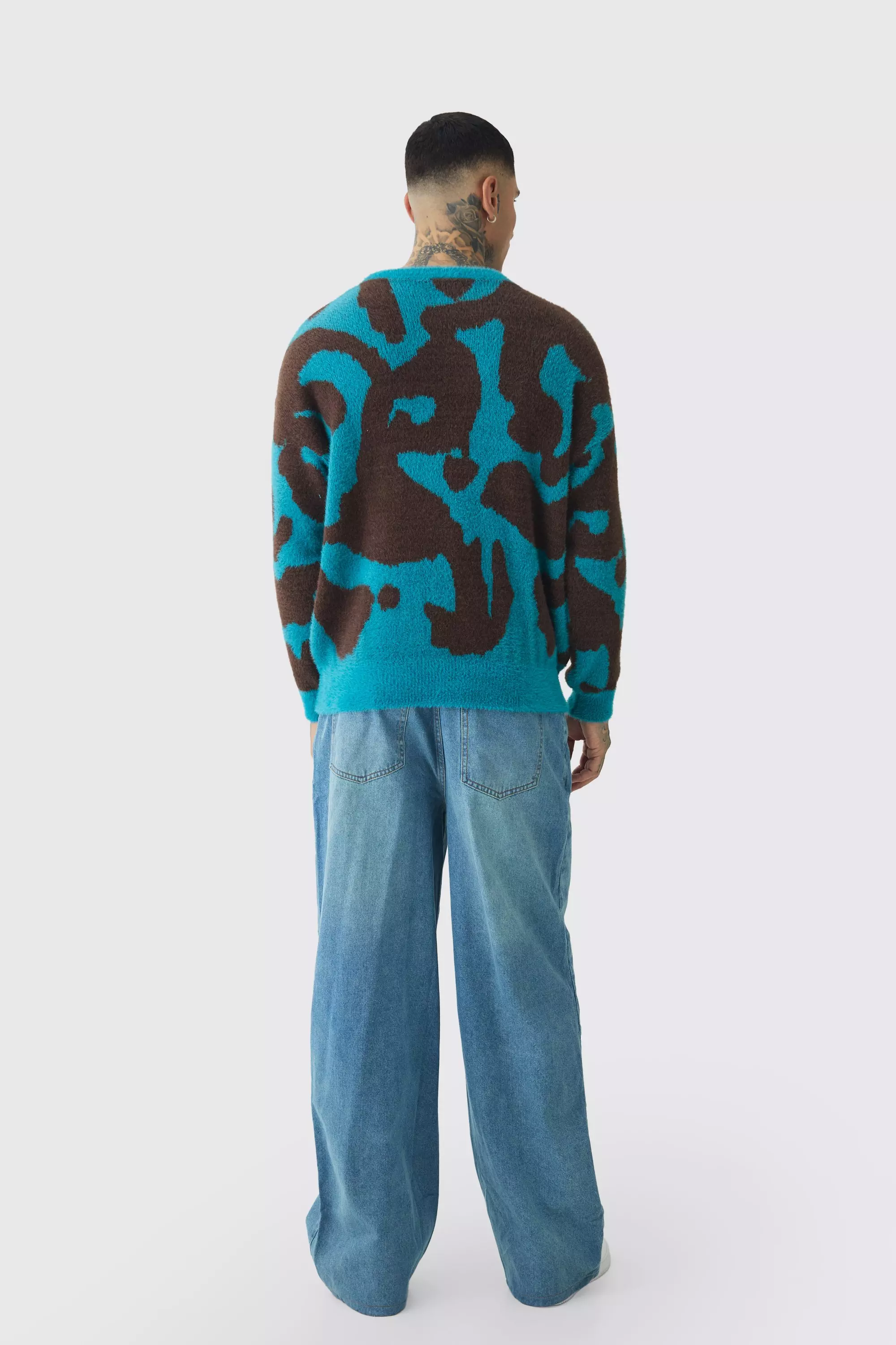 Teal Tall Fluffy Knit Abstract Sweatshirt alternative image