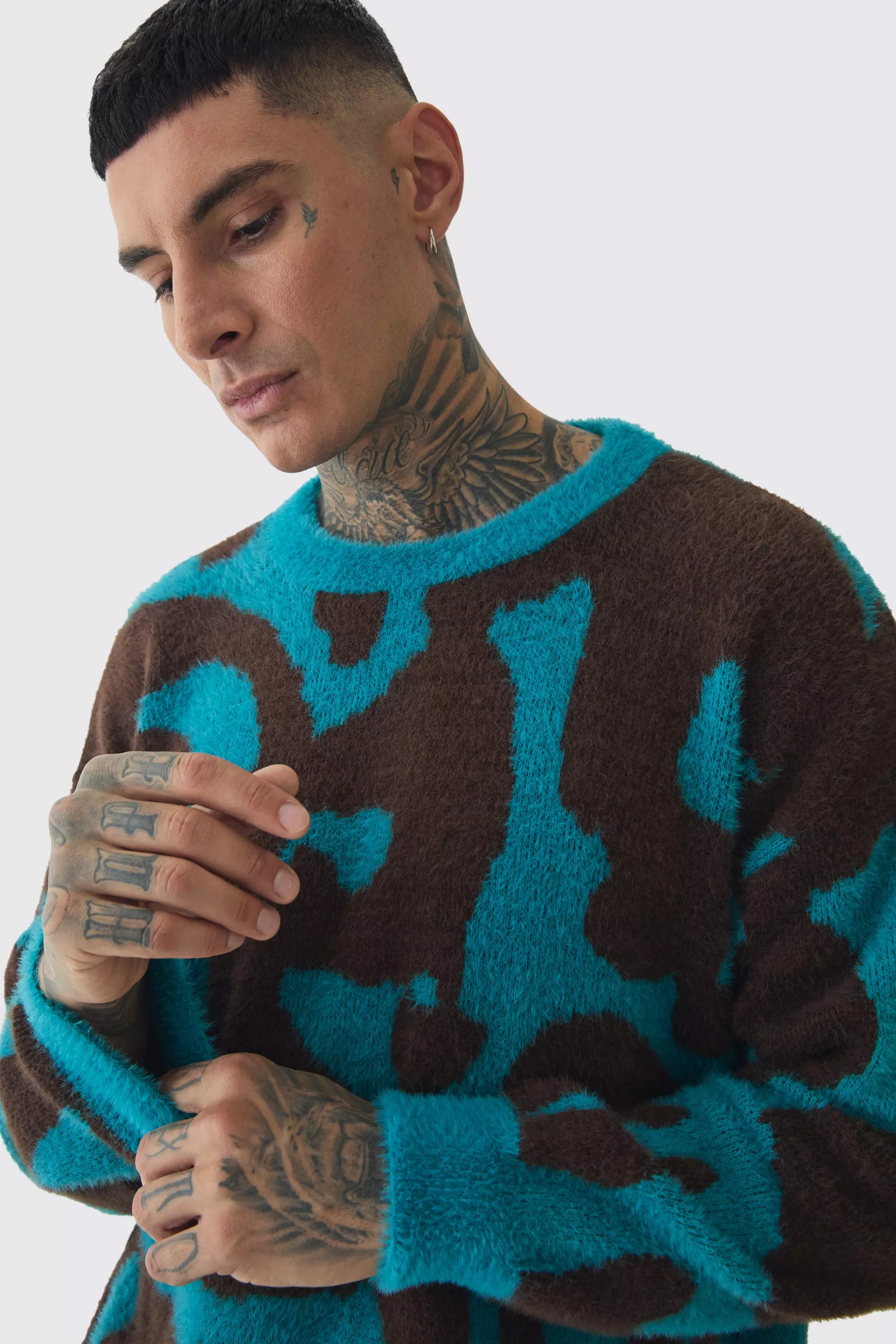 Teal Tall Fluffy Knit Abstract Sweatshirt alternative image