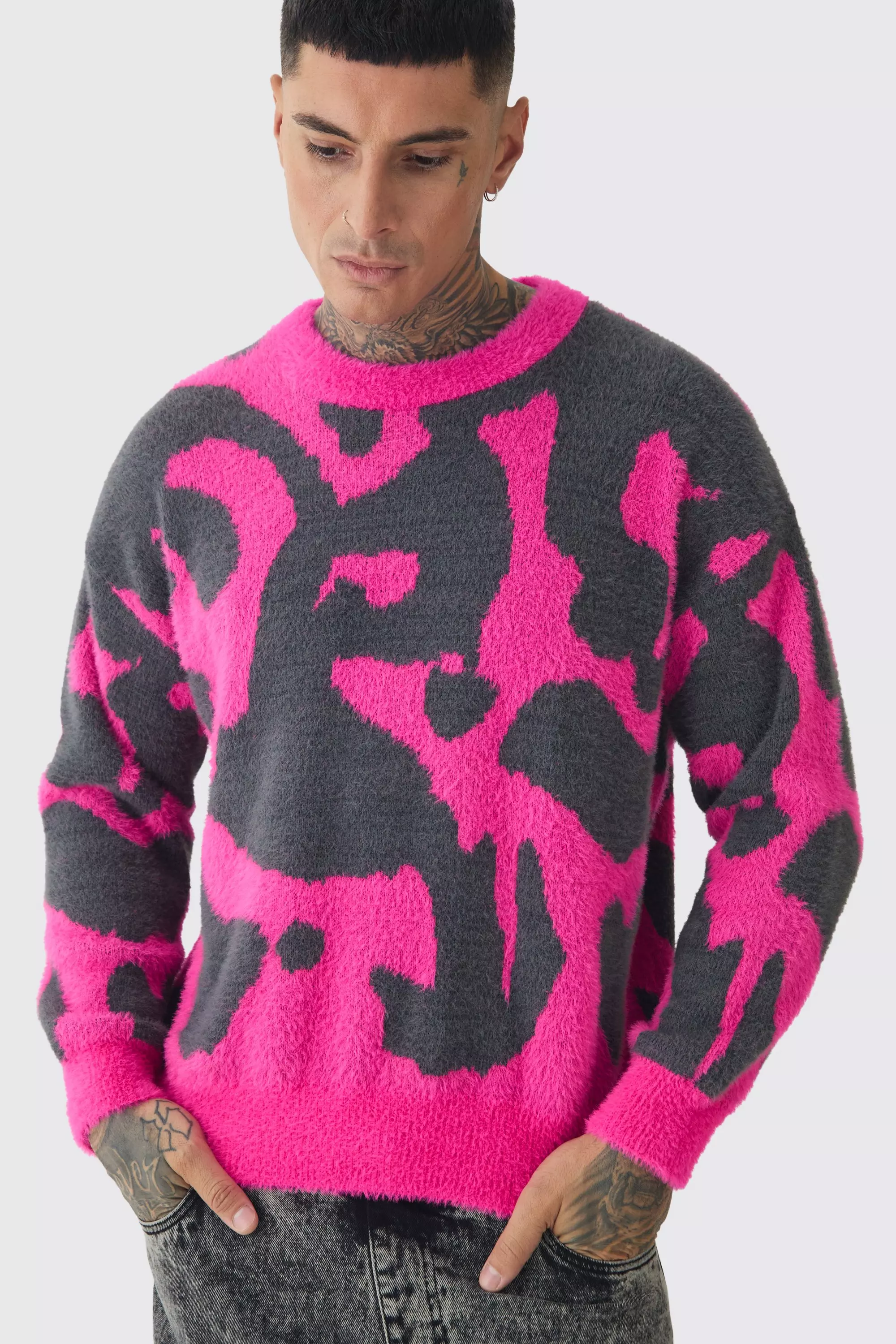 Tall Fluffy Knit Abstract Sweatshirt Pink