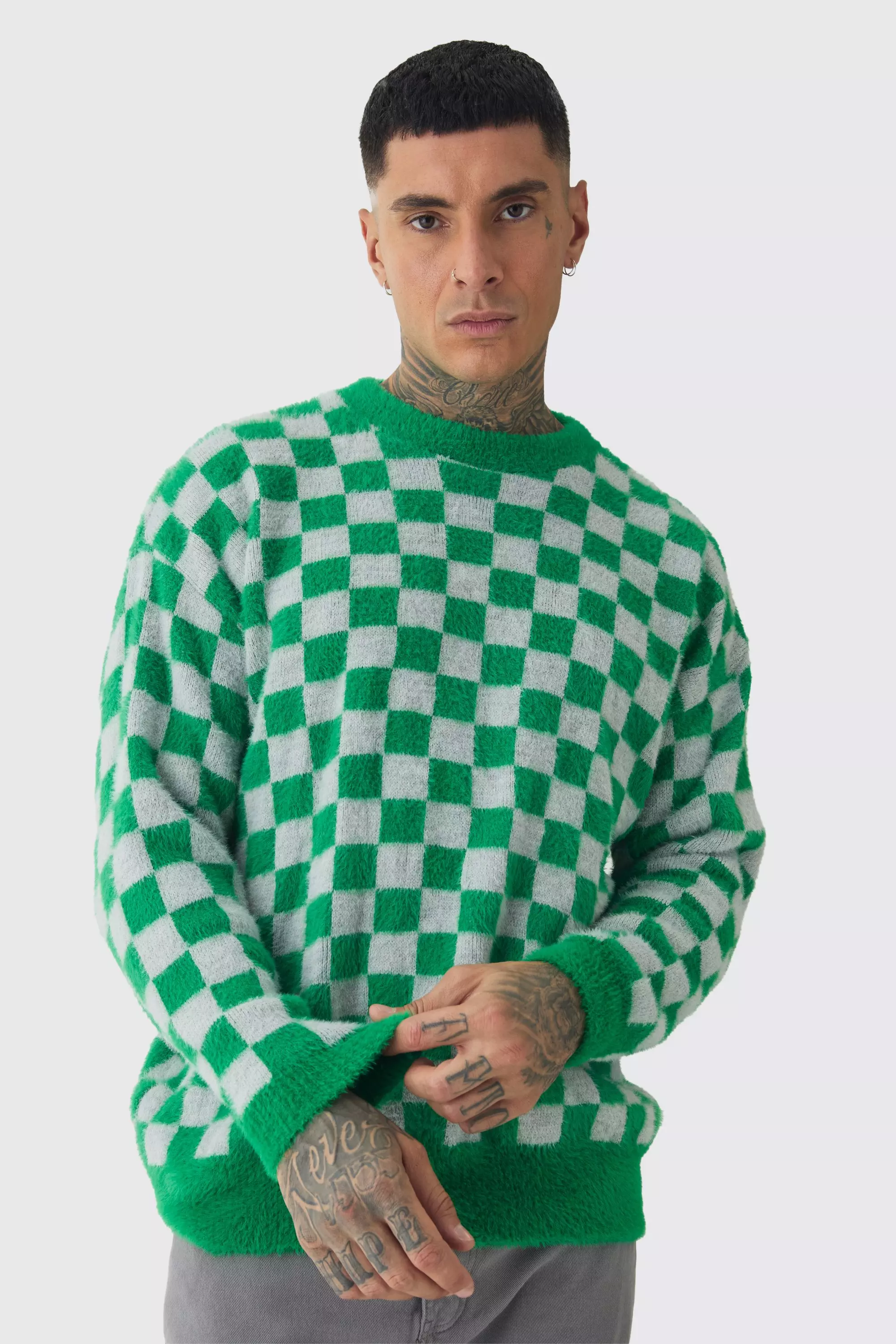 Tall Fluffy Knit Checkered Sweatshirt Green