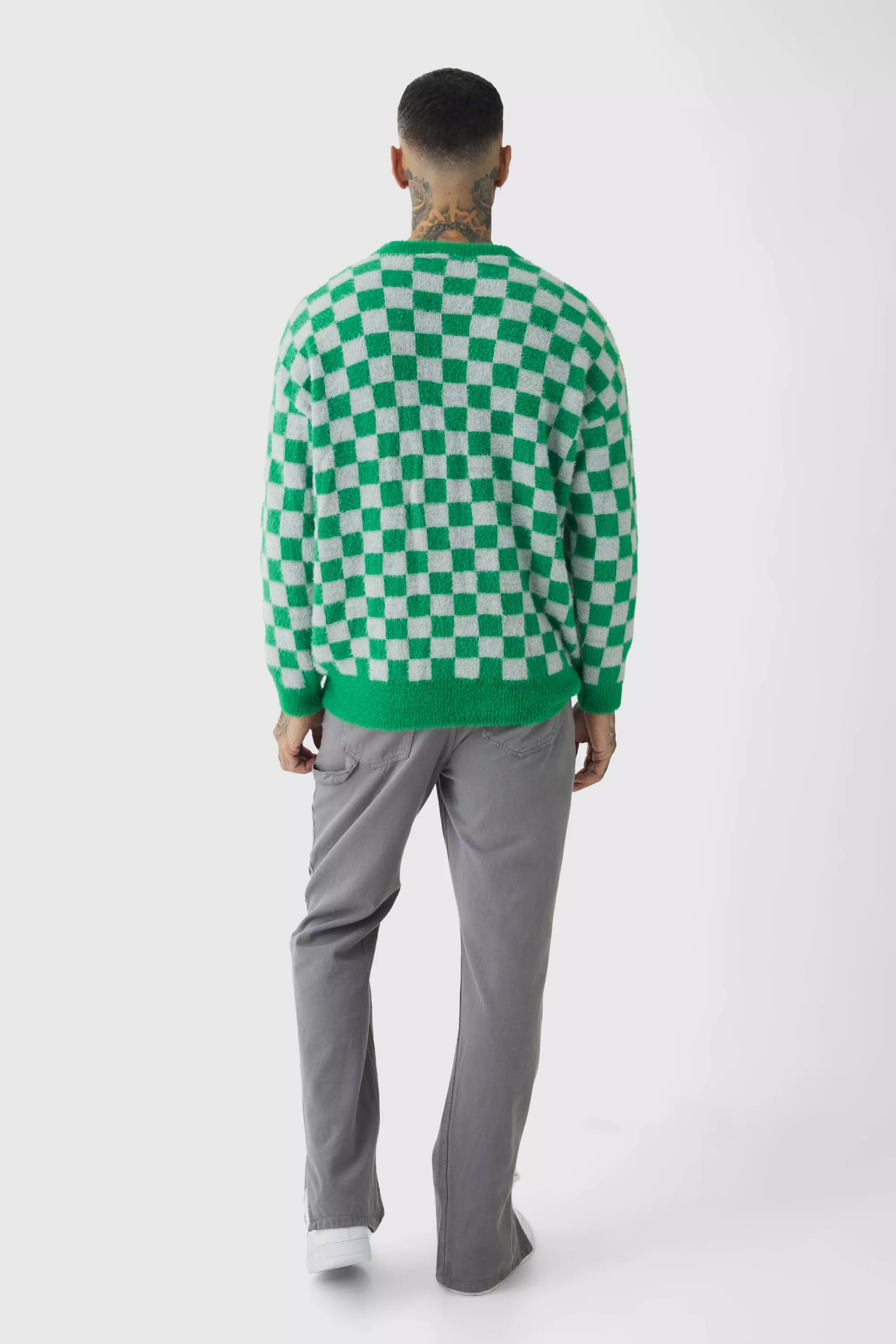 Green Tall Fluffy Knit Checkered Sweatshirt alternative image