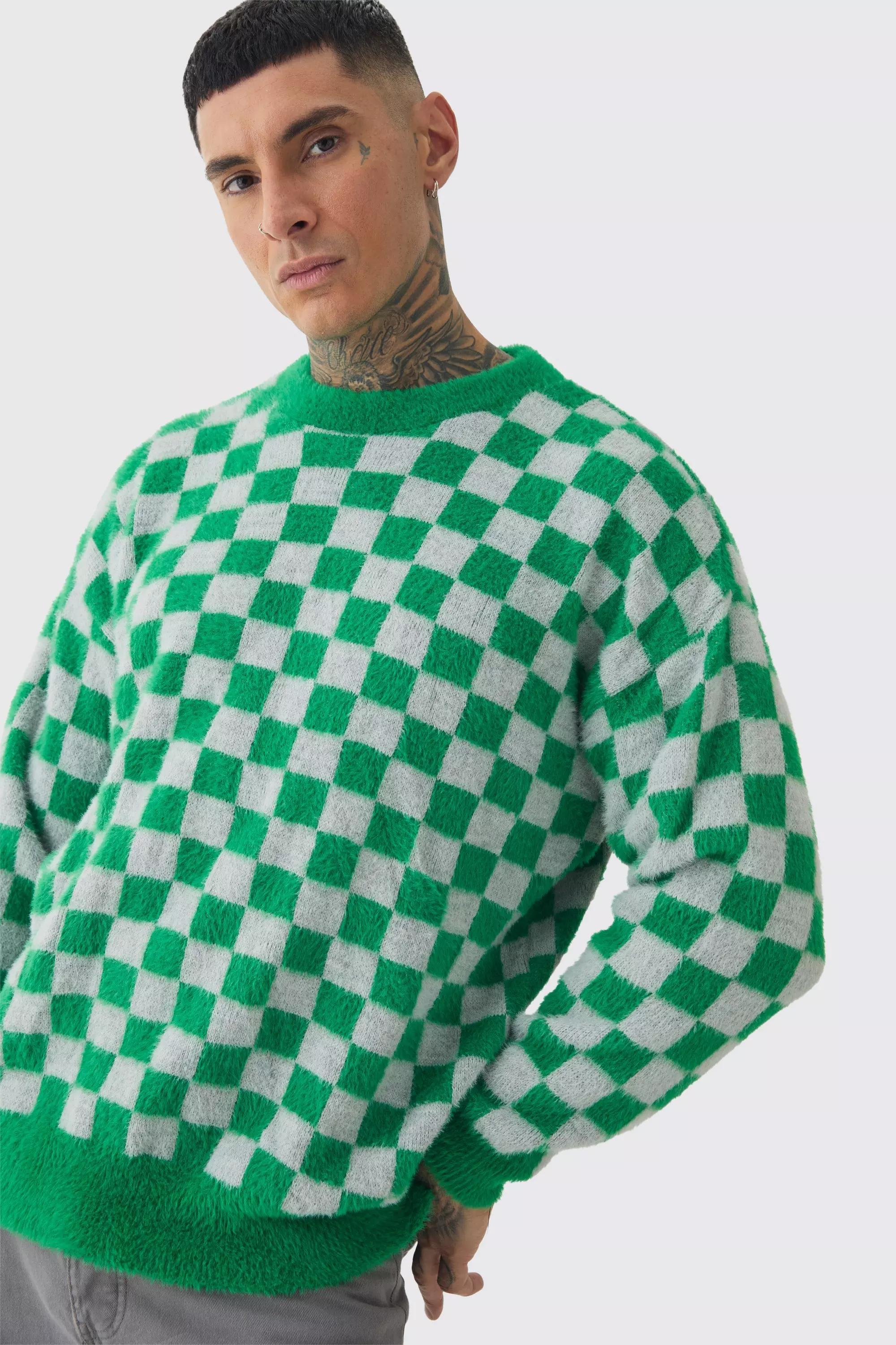 Green Tall Fluffy Knit Checkered Sweatshirt alternative image