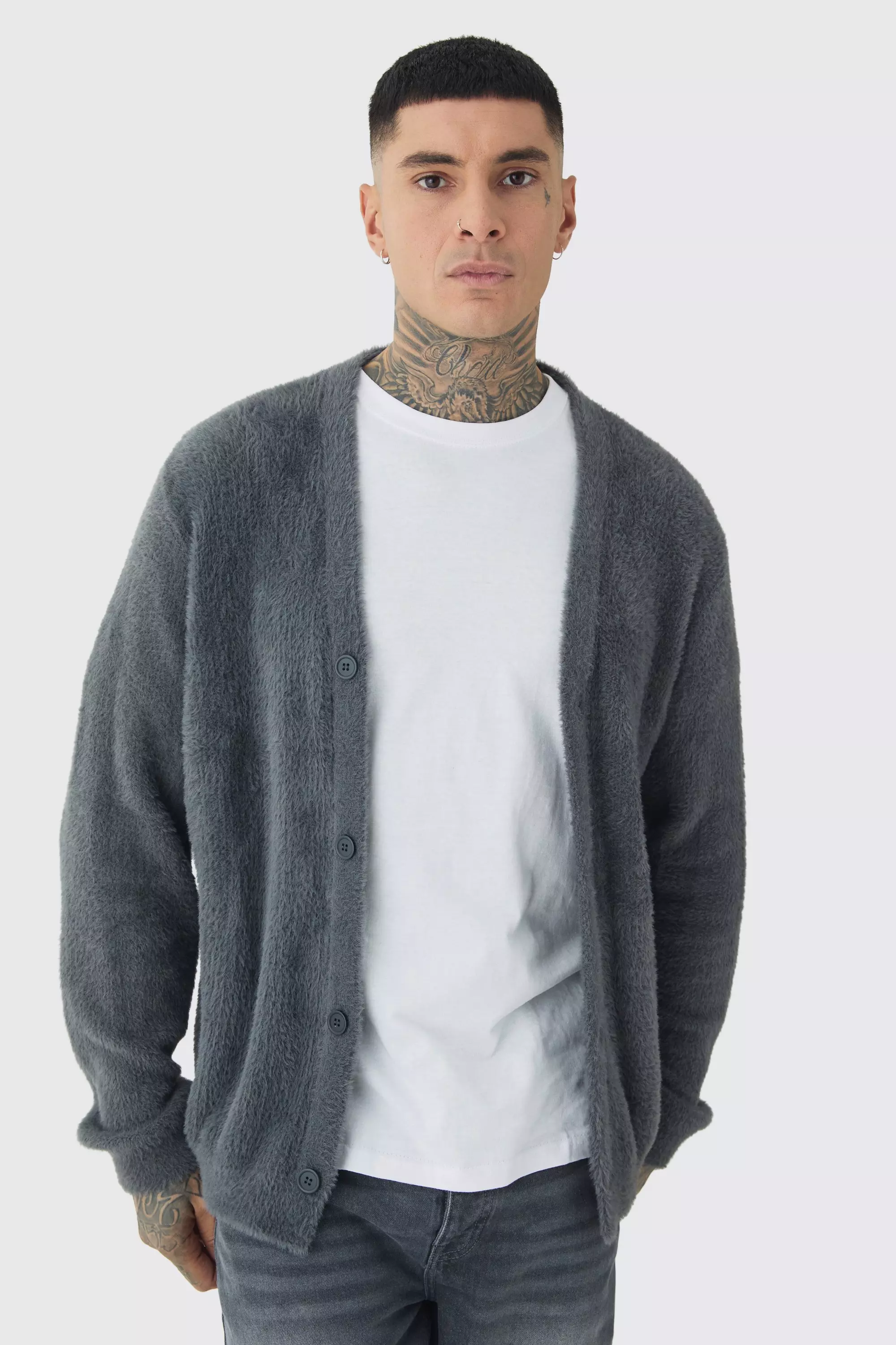 Tall Fluffy Knit Boxy Oversized Cardigan Charcoal