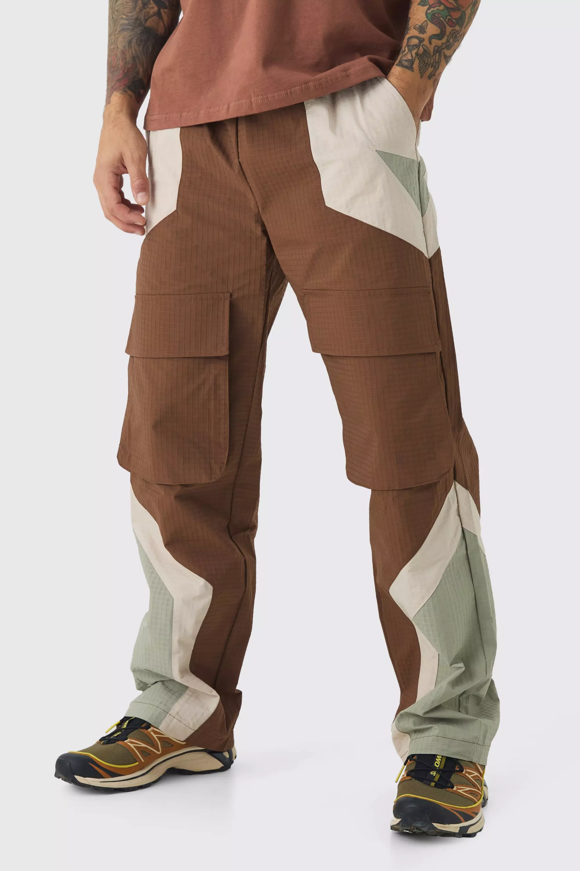 Elasticated Waist Relaxed Ripstop MOTO Cargo Pants Chocolate