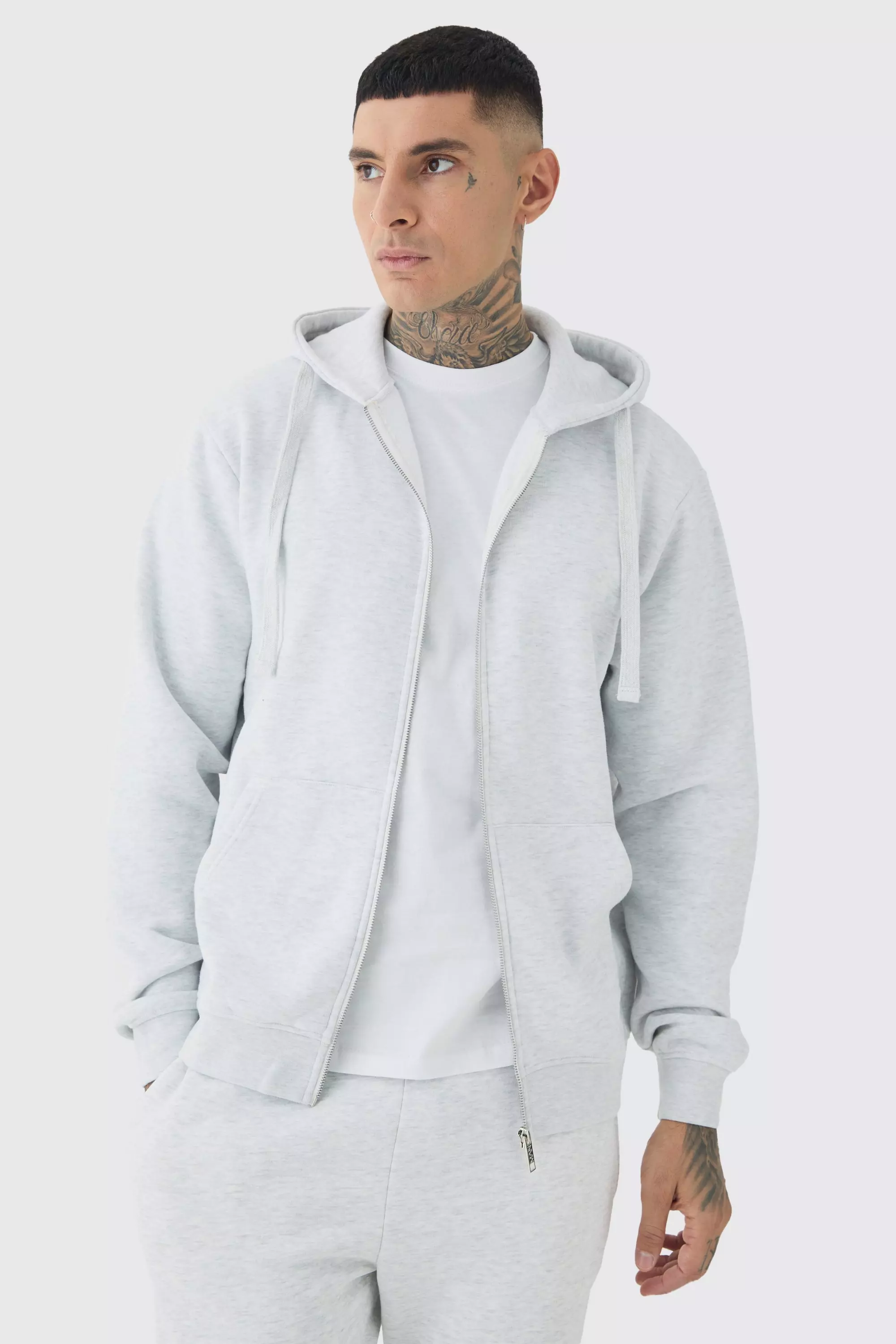 Grey 330GSM Tall Regular Fit Zip Through Hoodie in Grey Marl